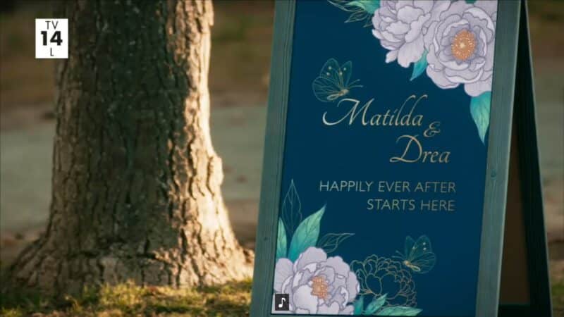 A wedding sign for Matilda and Drea's wedding