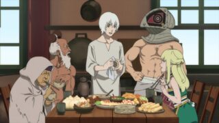 Pioran, Booze Man, Fushi, Gugu, and Rean having a meal