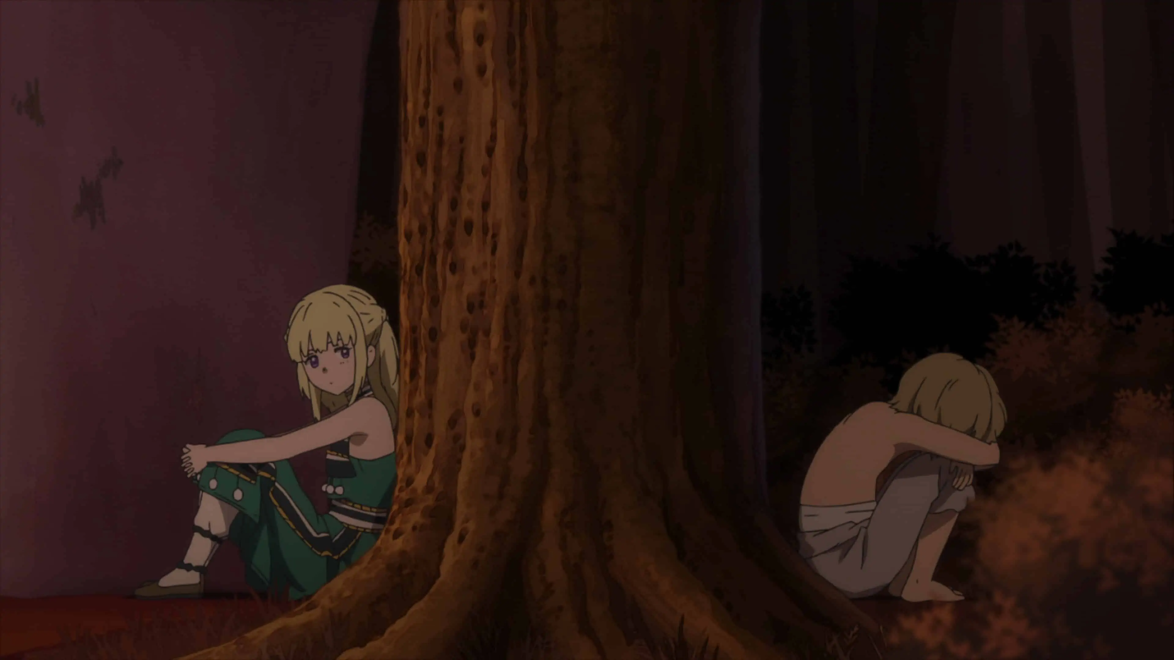 Rean and Gugu sitting on the opposite side of a tree