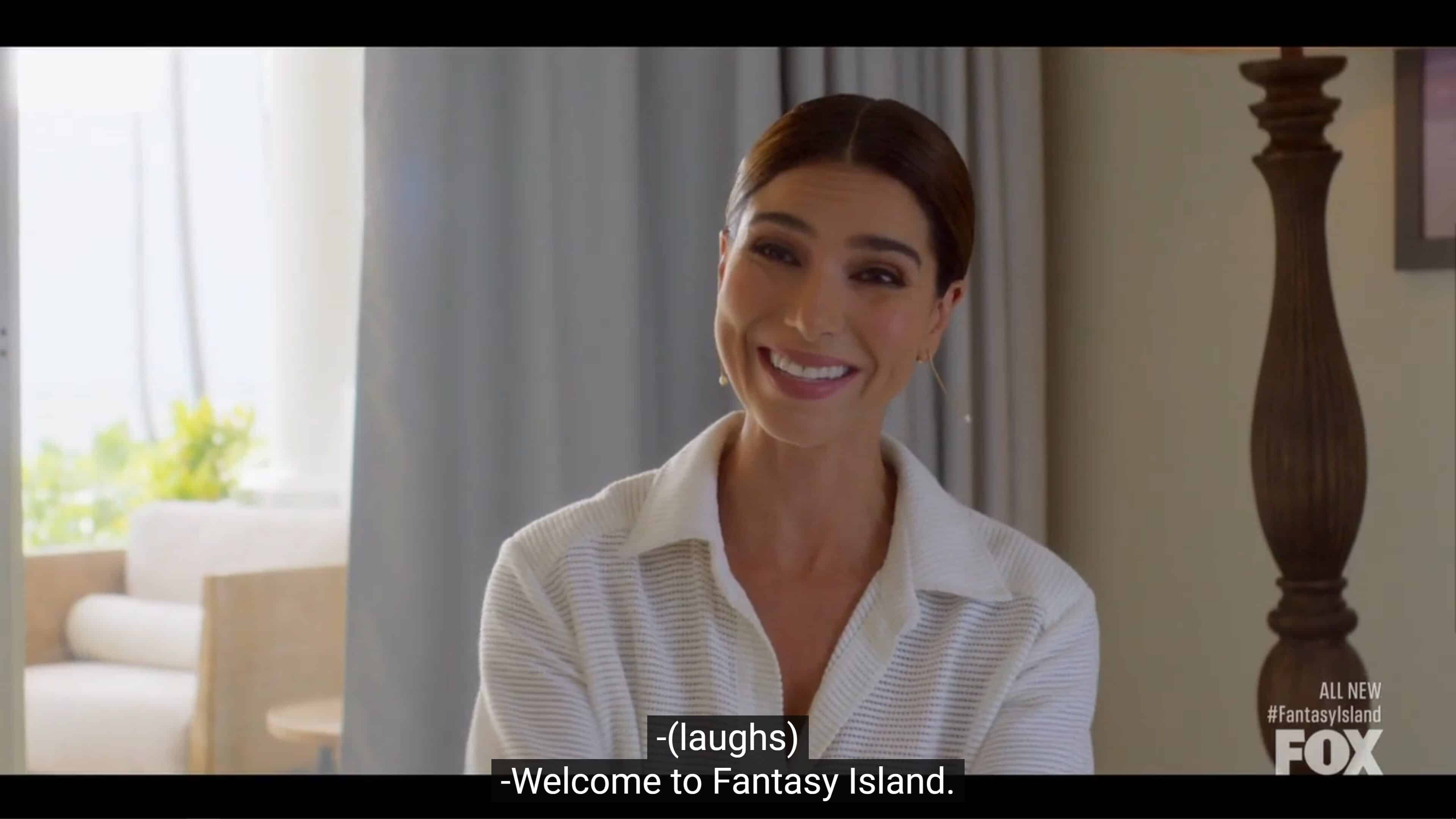 Elena welcoming Professor Wakefield to Fantasy Island