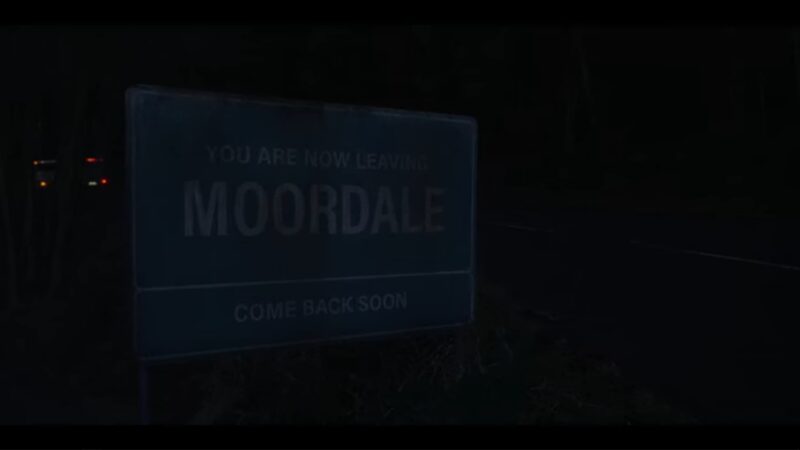 A sign noting that you are leaving Moordale