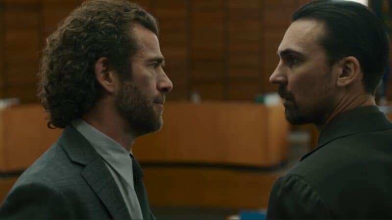 DI Chambers (Tim McDonnell) and Nathan at Mark Hooper's trial