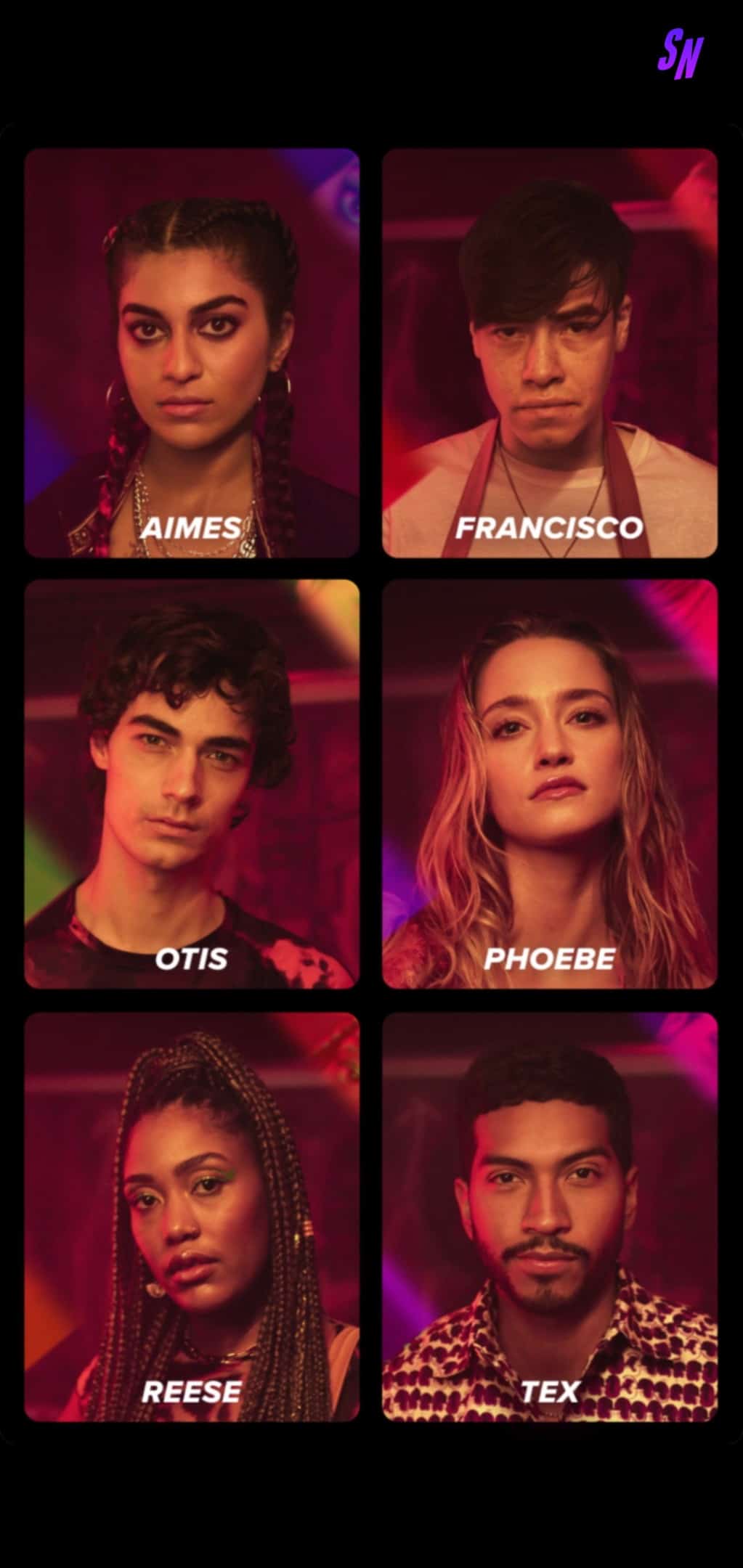 Top to Bottom: Aimes (Ashley Ganger), Francisco (Ivan Carlo), Otis (Emile Ravenet), Phoebe (Francesca Xuereb), Reese (Nozipho Mclean), and Tex (Calvin Seabrooks)