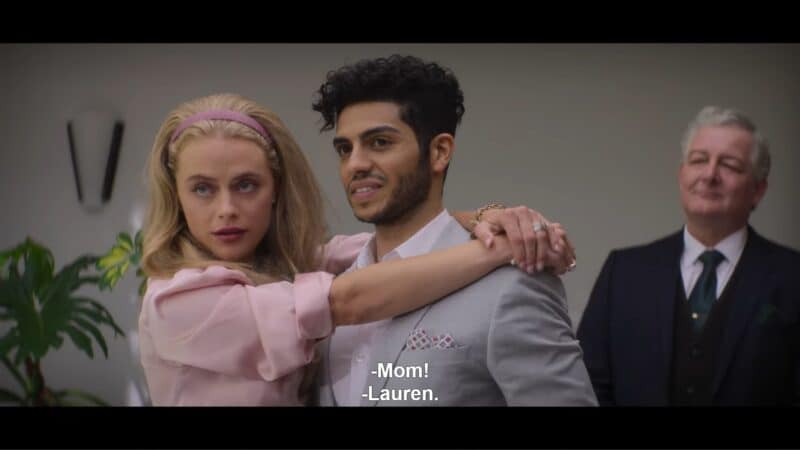 Lauren (Phoenix Connolly), Thomas (Mena Massoud) and Walter (Cameron Rhodes) in a room with Lauren's parents