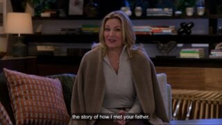 Sophie (Kim Cattrall) prepping to tell her son how she met his father