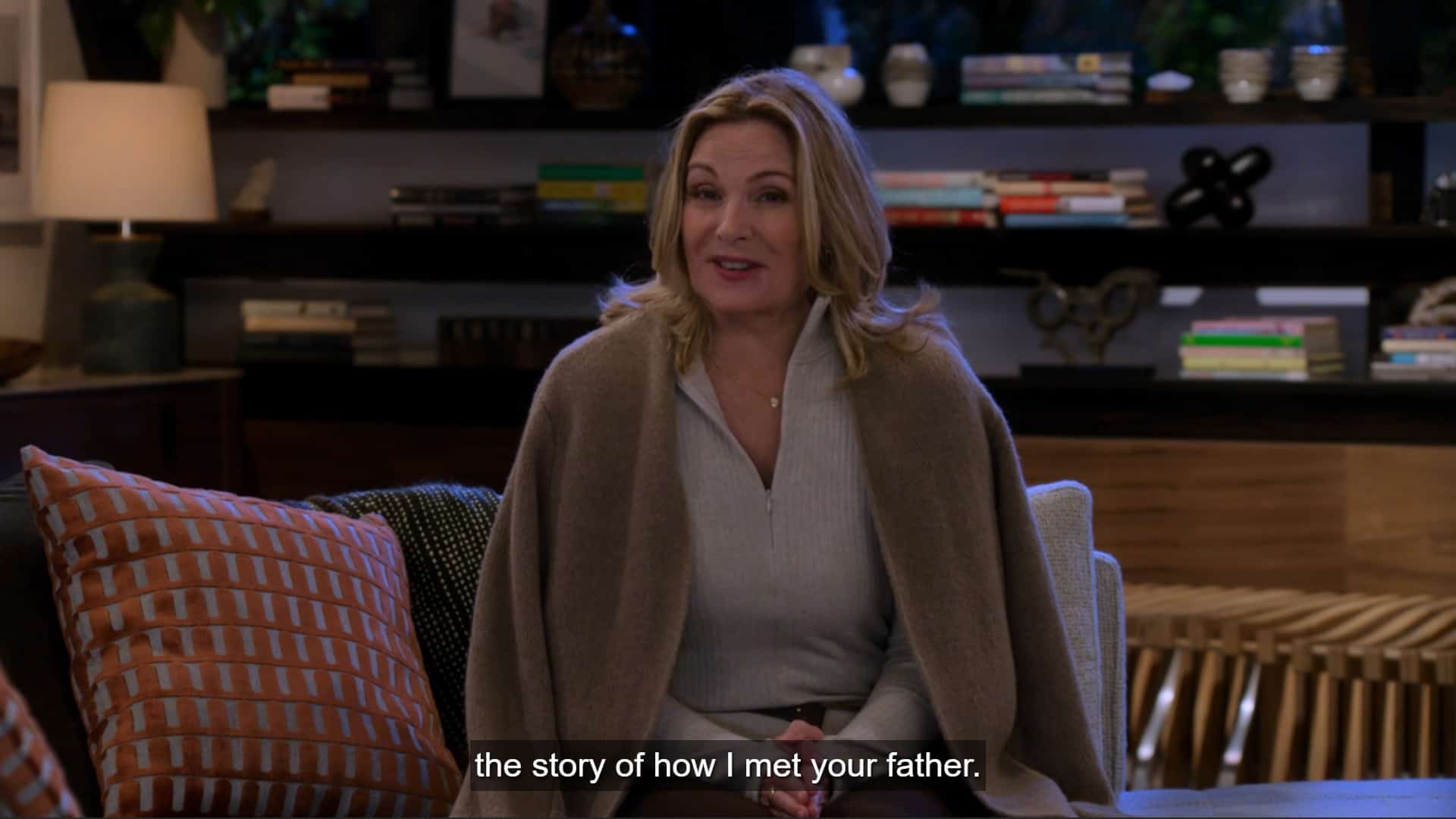 Sophie (Kim Cattrall) prepping to tell her son how she met his father