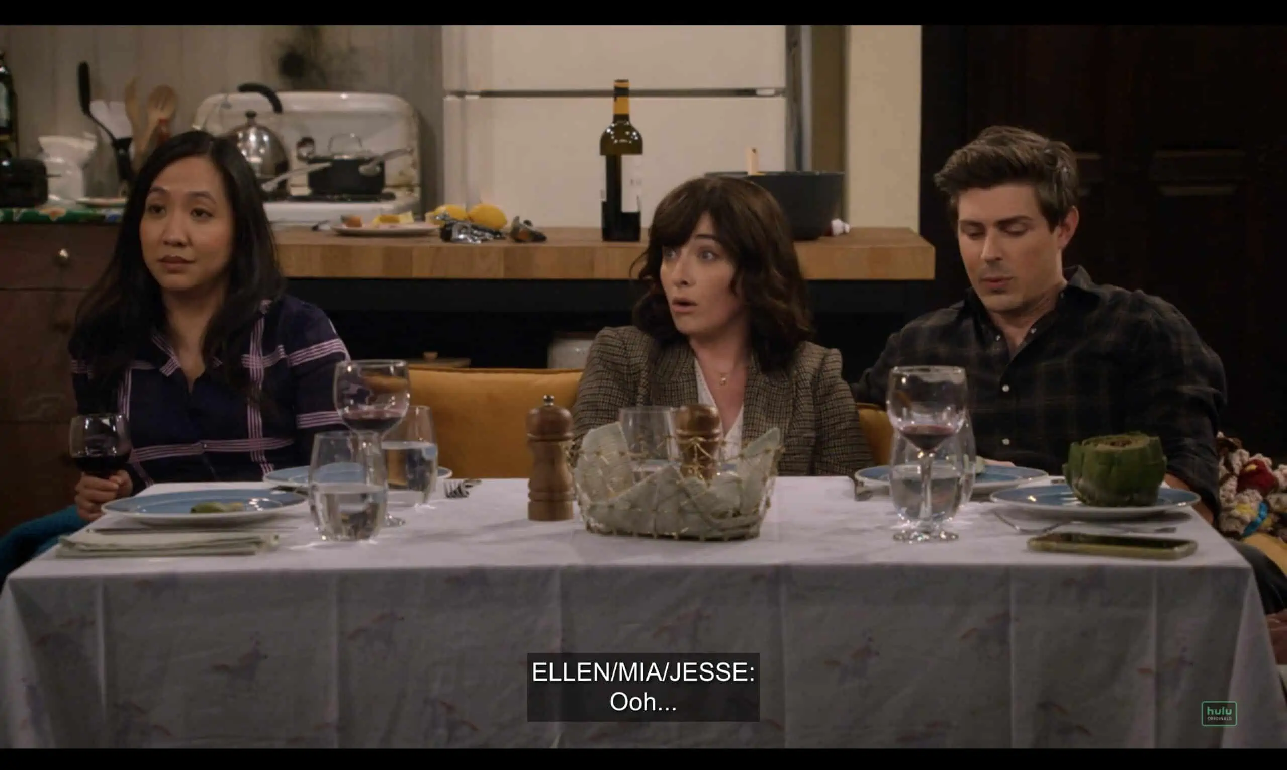 Ellen (Tien Tran), Mia (Margo Harshman), and Jesse (Christopher Lowell) at dinner