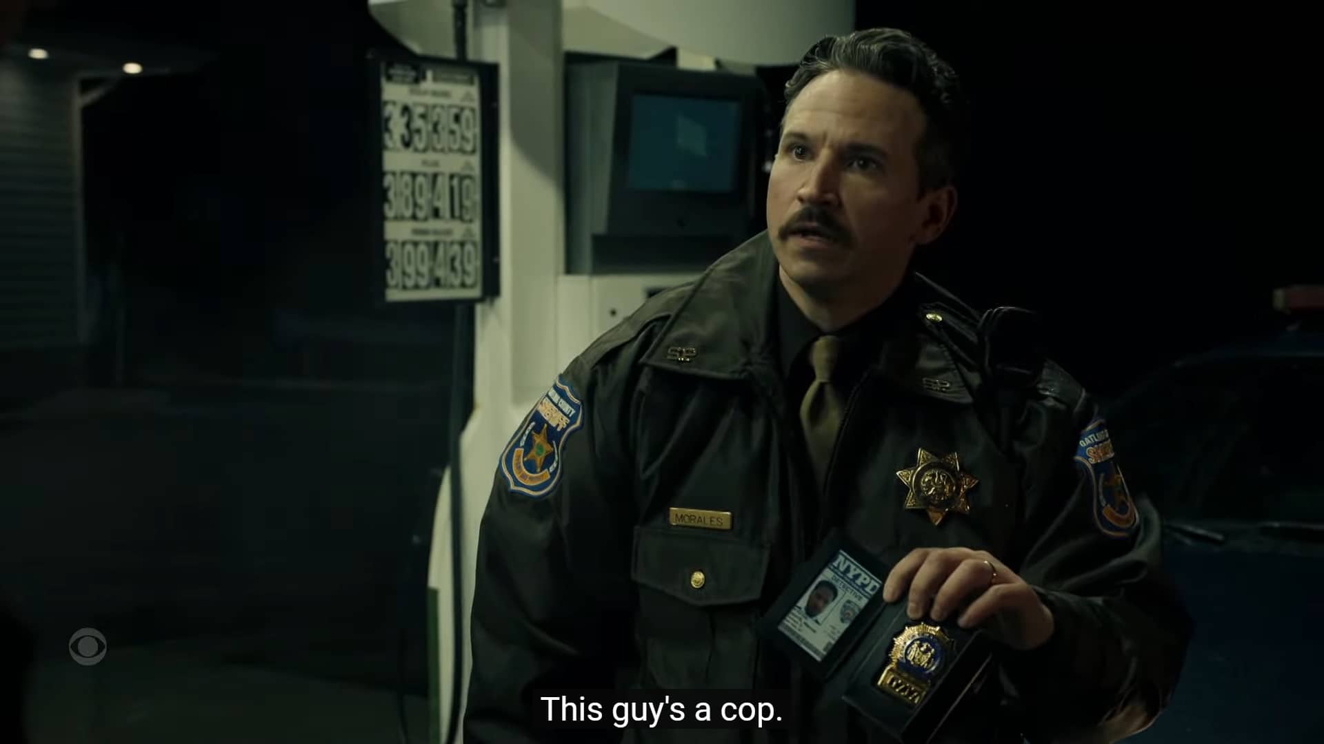 Deputy Morales (Brandon Esponoza) freaking out a bit because he realizes Dante is a cop