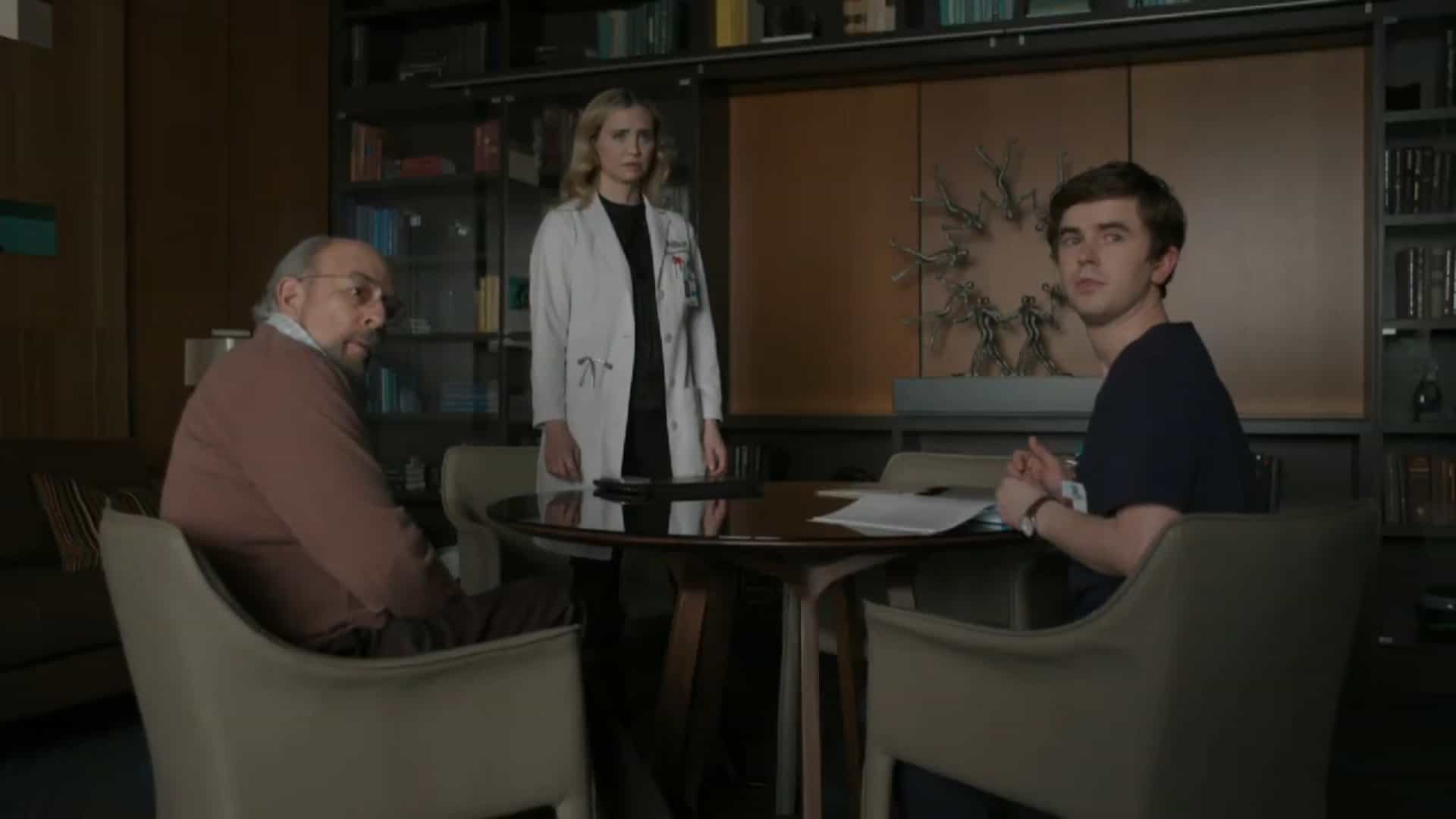 Dr. Glassman, Morgan, and Shaun looking towards Dr. Andrews