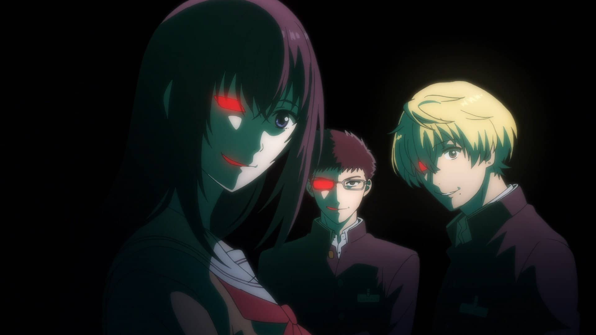Shibe, Tenji, and Shiho looking sinister