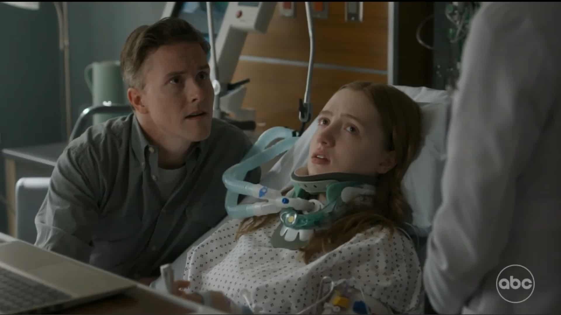 Julian (Matt Clarke) and Steph (Kiera Allen) in a hospital room