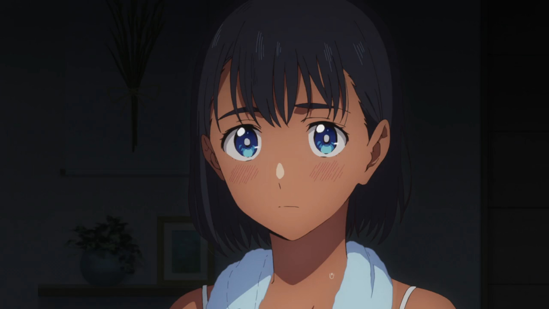 Mio (Saho Shirasu) sad, and talking to Shinpei after taking a bath