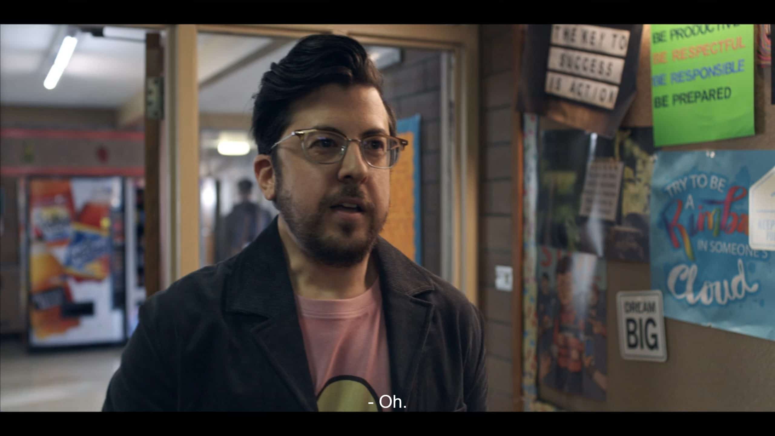 Mr. Calvin (Christopher Mintz-Plasse) trying to convince Honor and her friends to go to his show