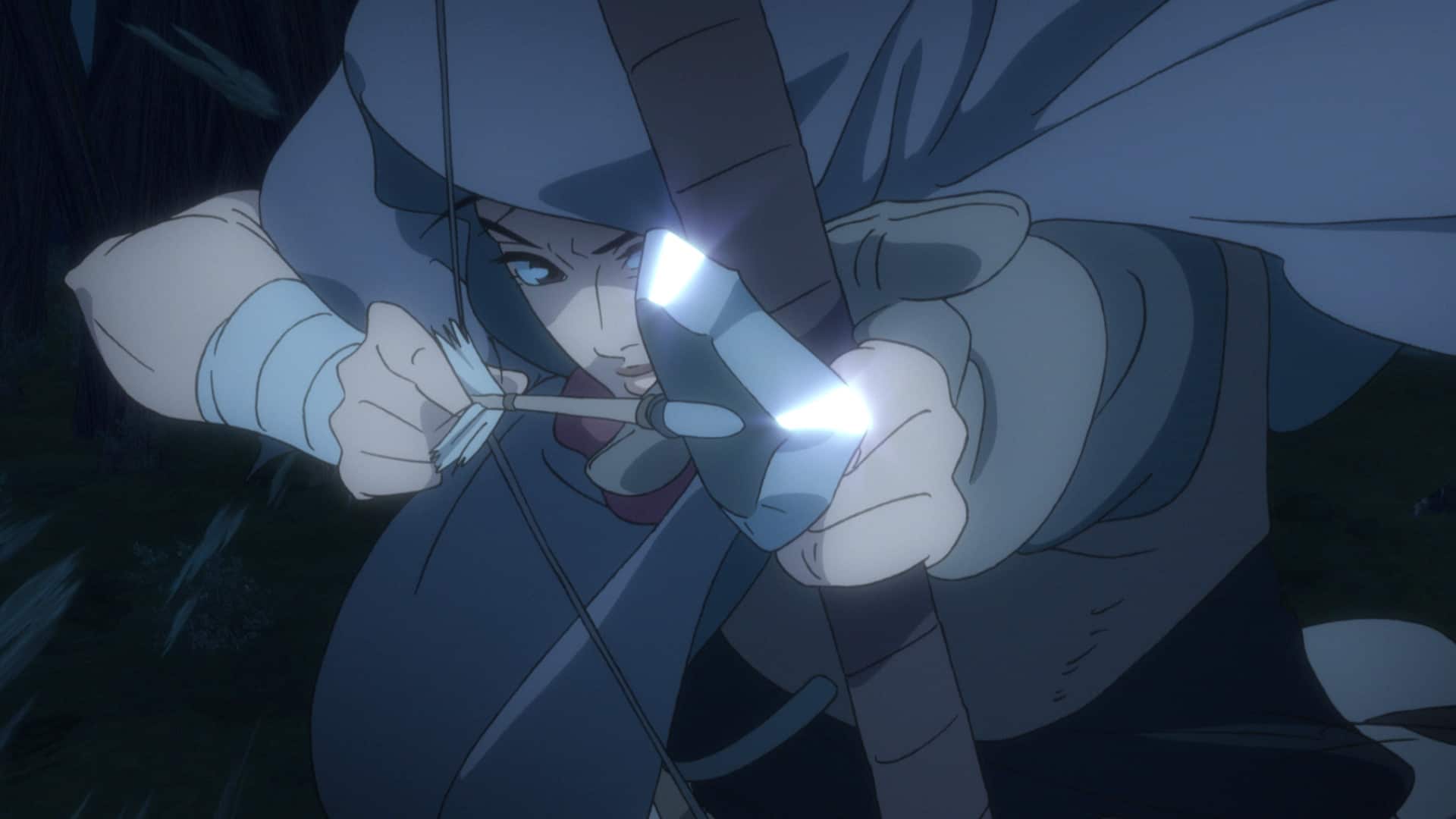 Sae (Anne Watanabe) with an arrow pulled back, ready to let it fly