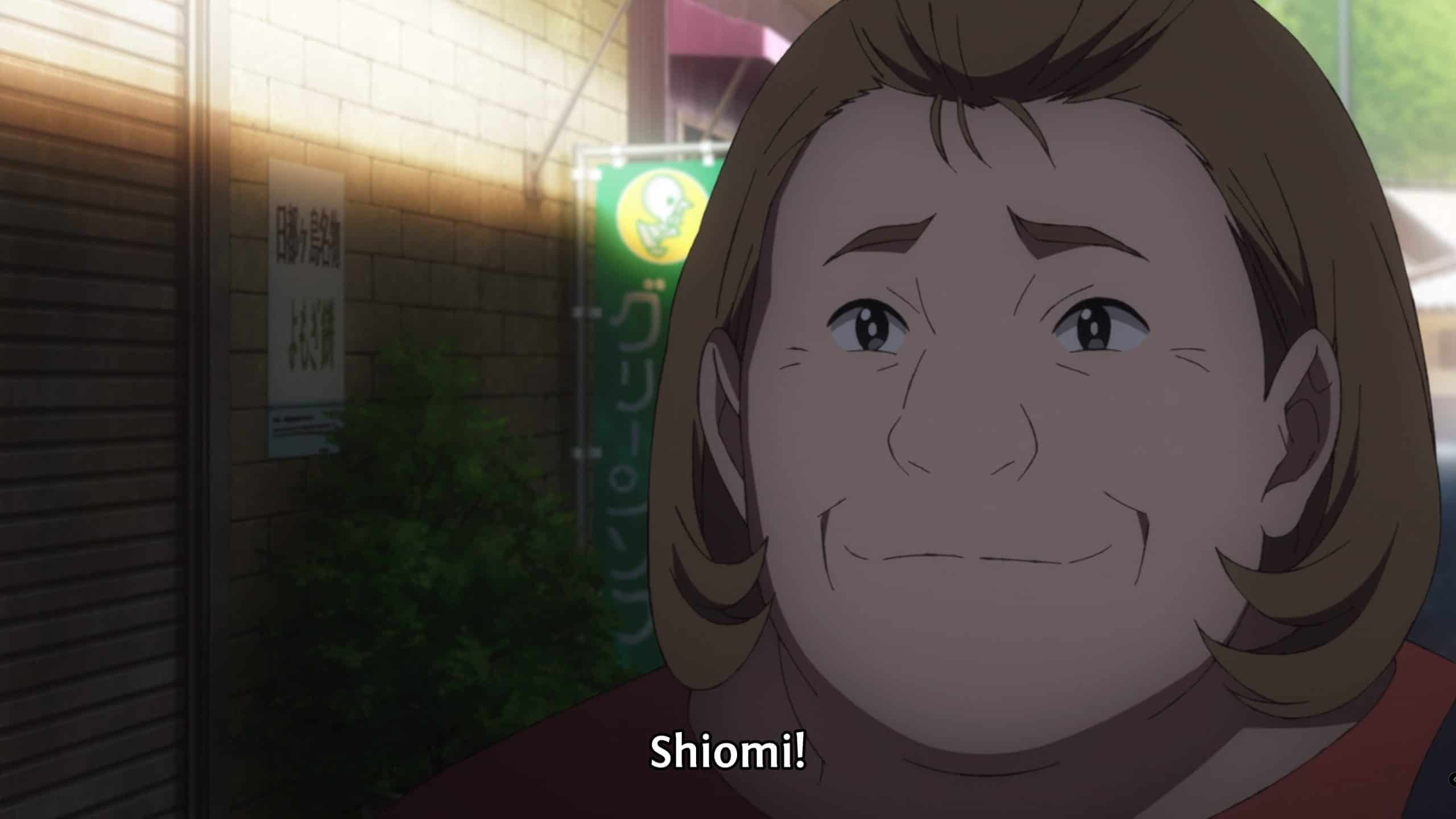 Shiomi (Sachiko Honma) greeting Shinpei outside of Shiori's family store