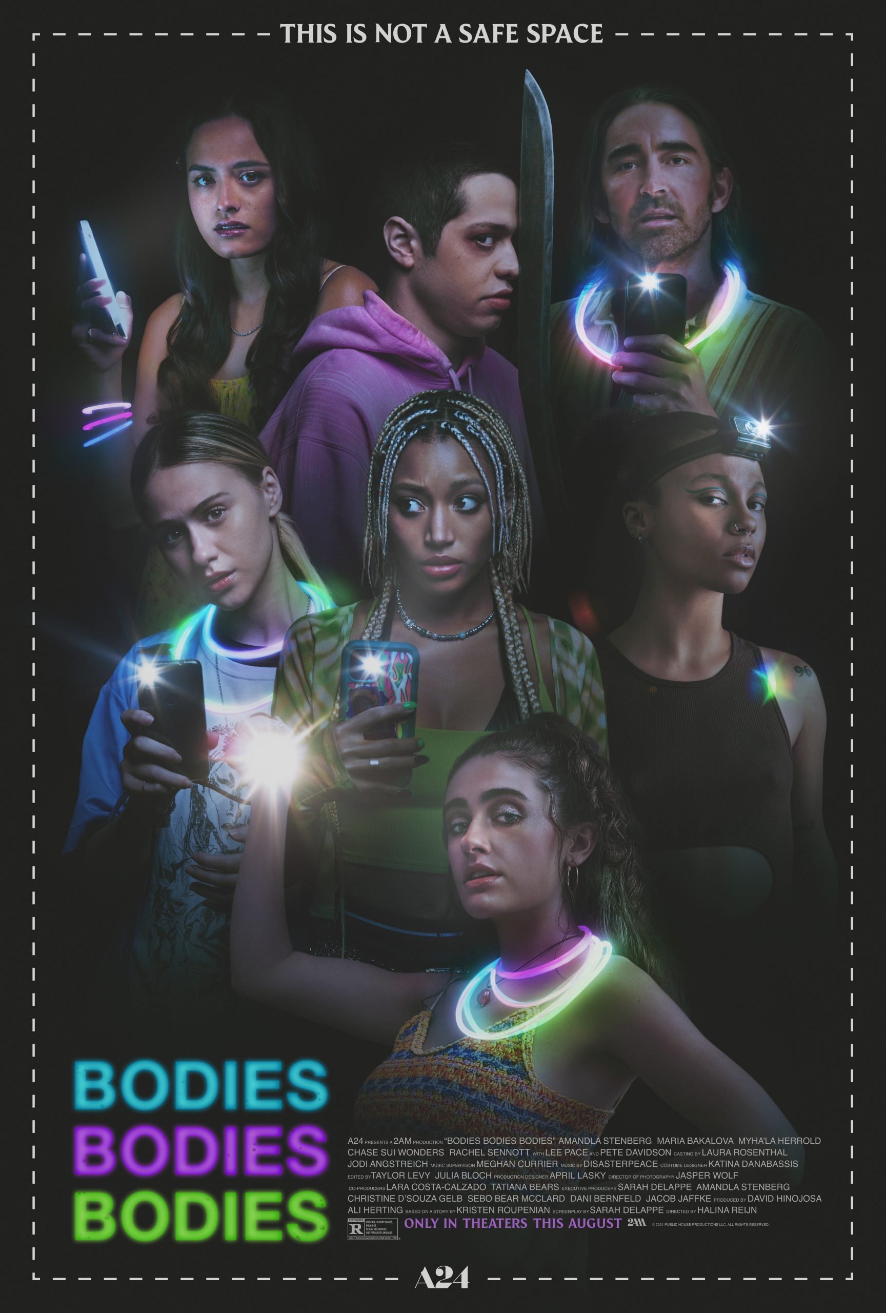 Bodies Bodies Bodies movie poster featuring, clockwise, Emma (Chase Sui Wonders), David (Pete Davidson), Greg (Lee Pace), Bee (Maria Bakalova), Sophie (Amandla Stenberg), Jordan (Myha'la Herrold) and Alice (Rachel Sennott)