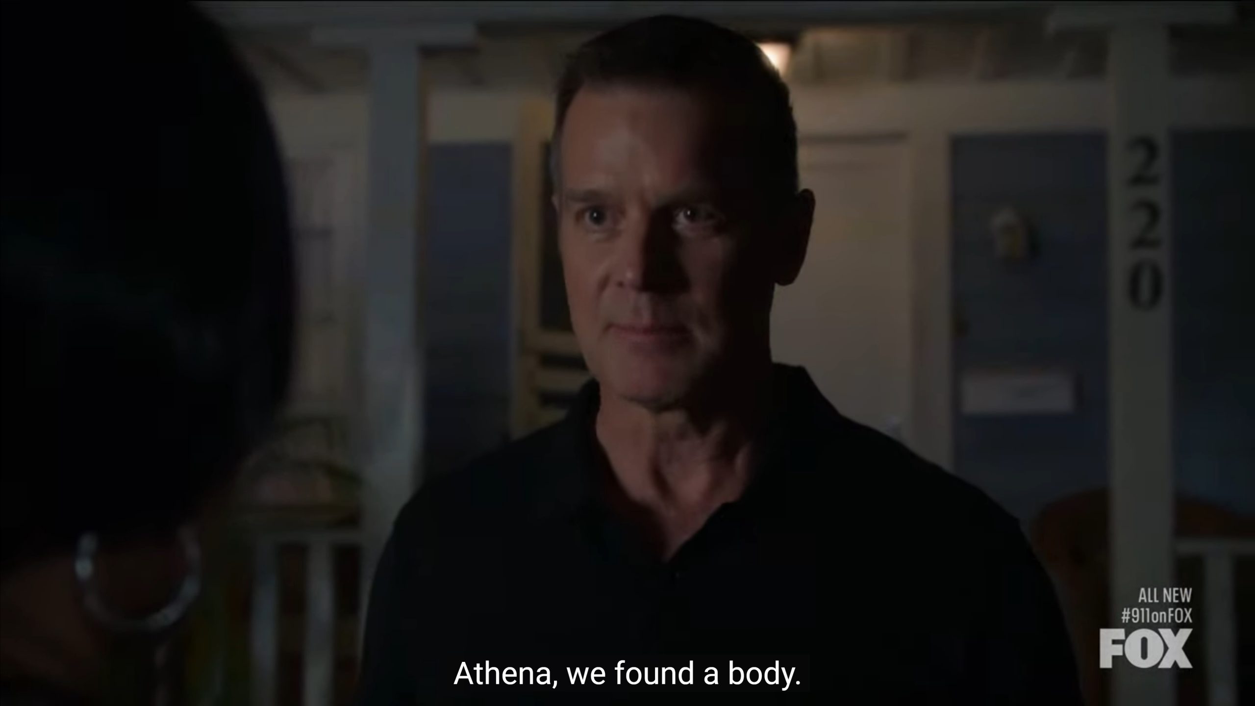 Bobby revealing to Athena a body was found in the house, buried