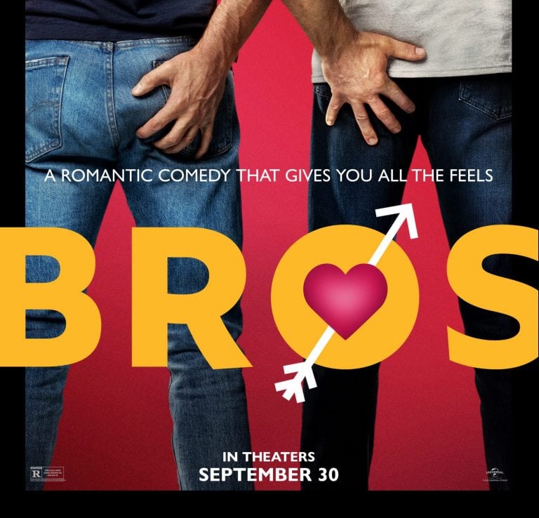 The movie poster for Bros, with Billy and Aaron touching each other's butt