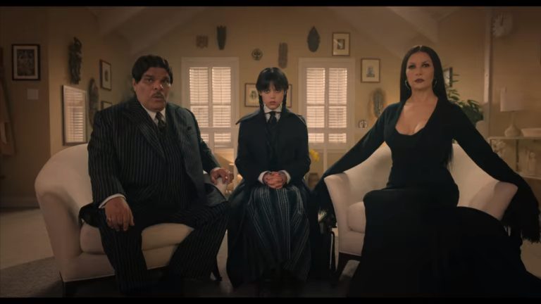 Gomez, Wednesday, and Morticia in family therapy
