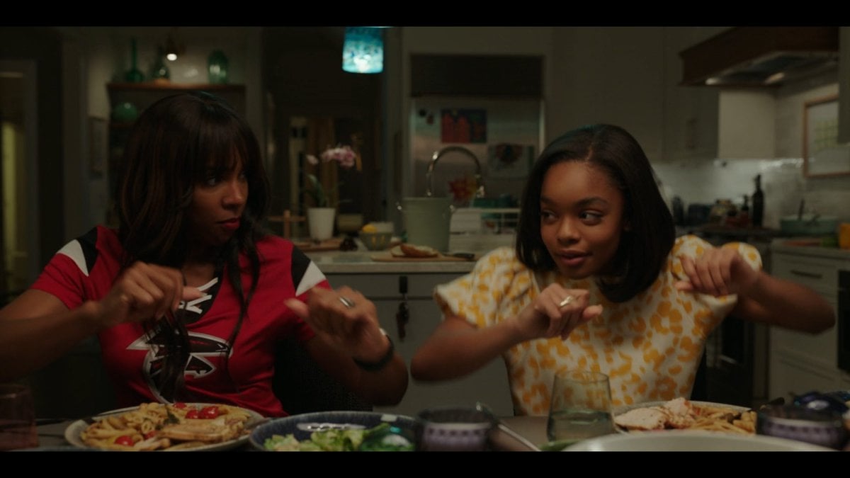 Keisha Coleman (Kelly Rowland) and Callie Coleman (Marsai Martin) making fun of Bobby's end zone dance moves