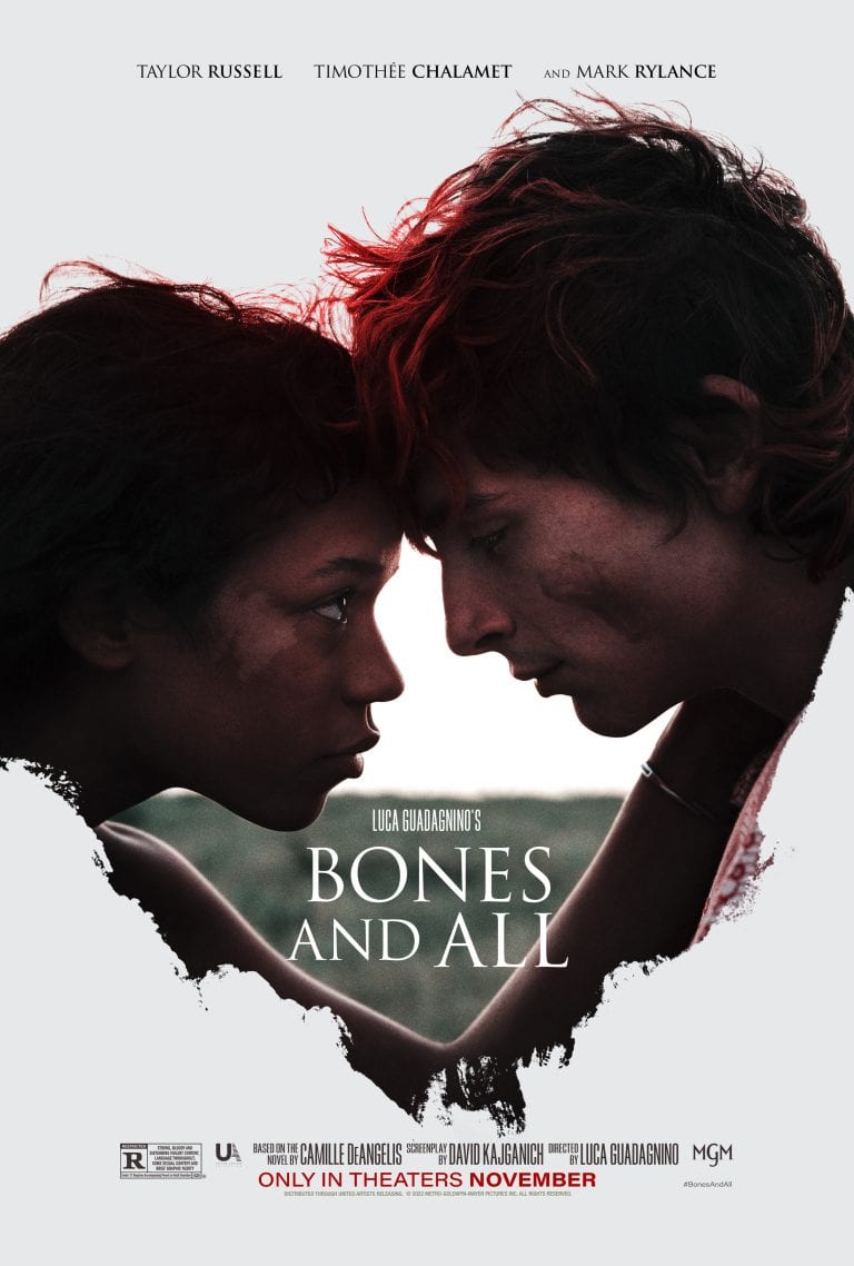 Movie poster for Bones and All featuring Lee (Timothee Chalamet) and Maren (Taylor Russell)