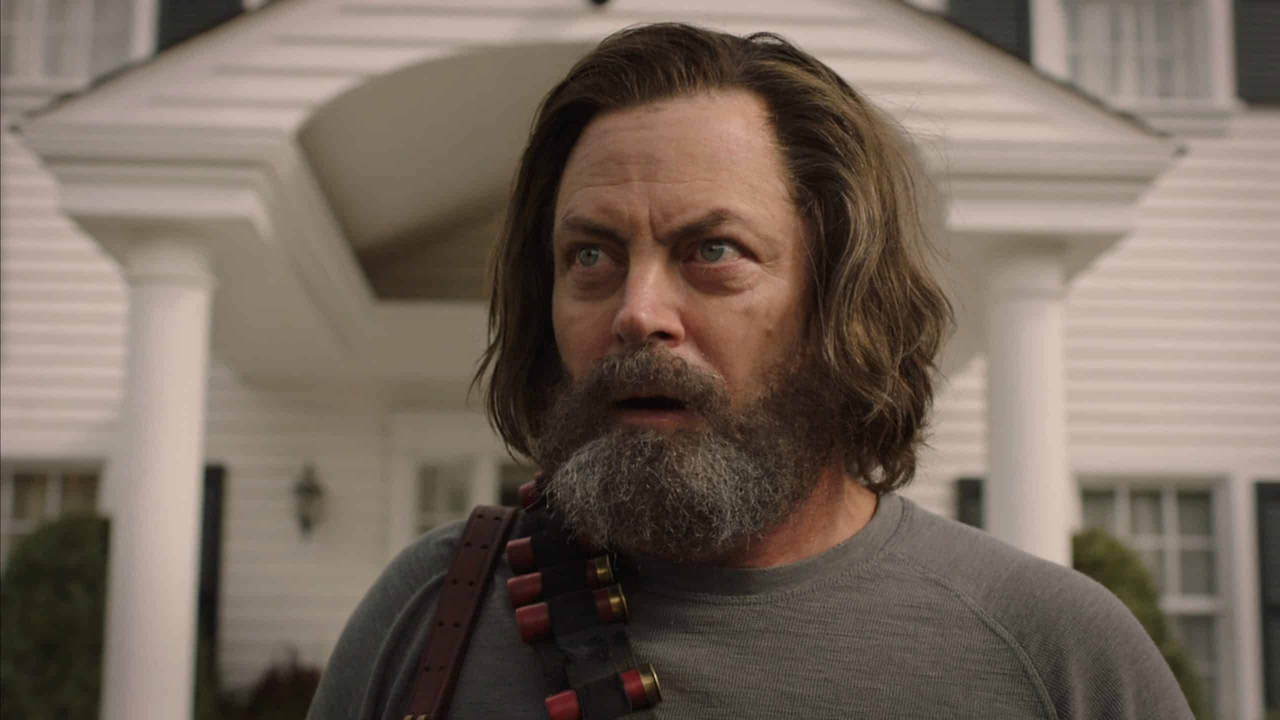 Nick Offerman as Bill as the government evacuates everyone from his town