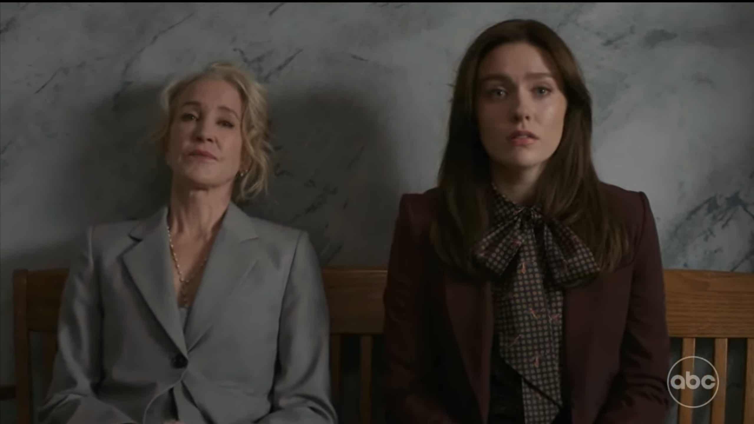 Felicity Huffman as Janet Stewart and Kennedy McMann as Joni DeGroot after Joni wins her case