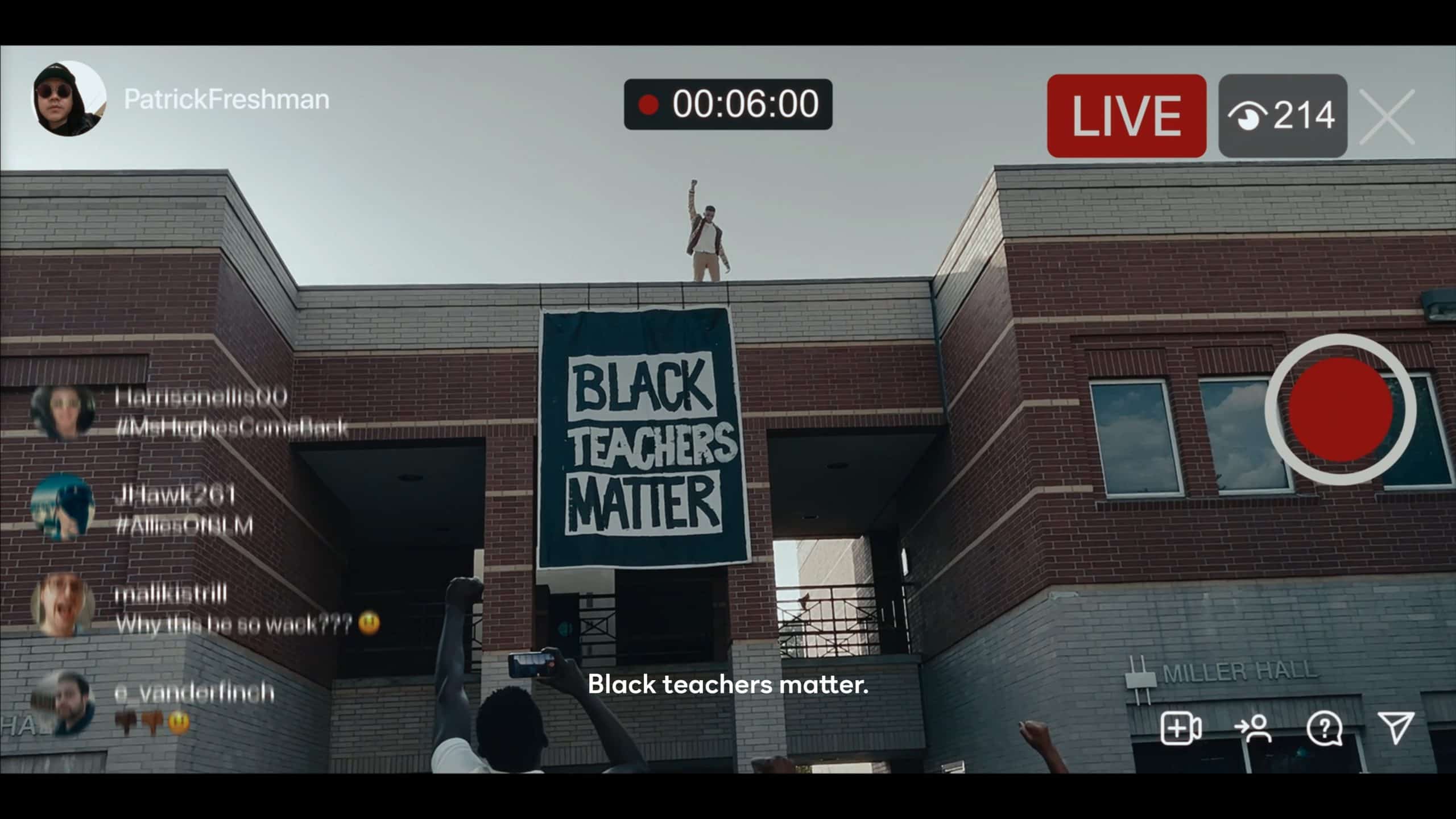 Jabari Banks as Will, after unraveling a Black Teachers Matter banner