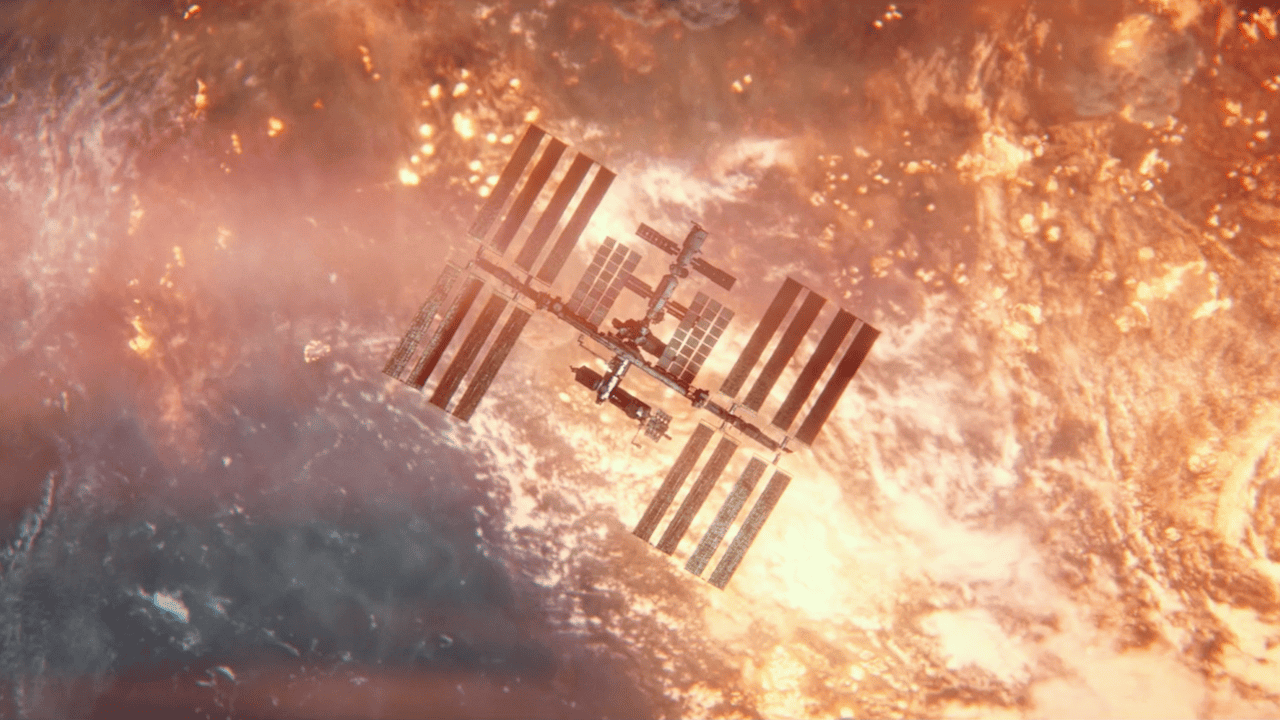 The International Space Station with Earth on fire thanks to nuclear war