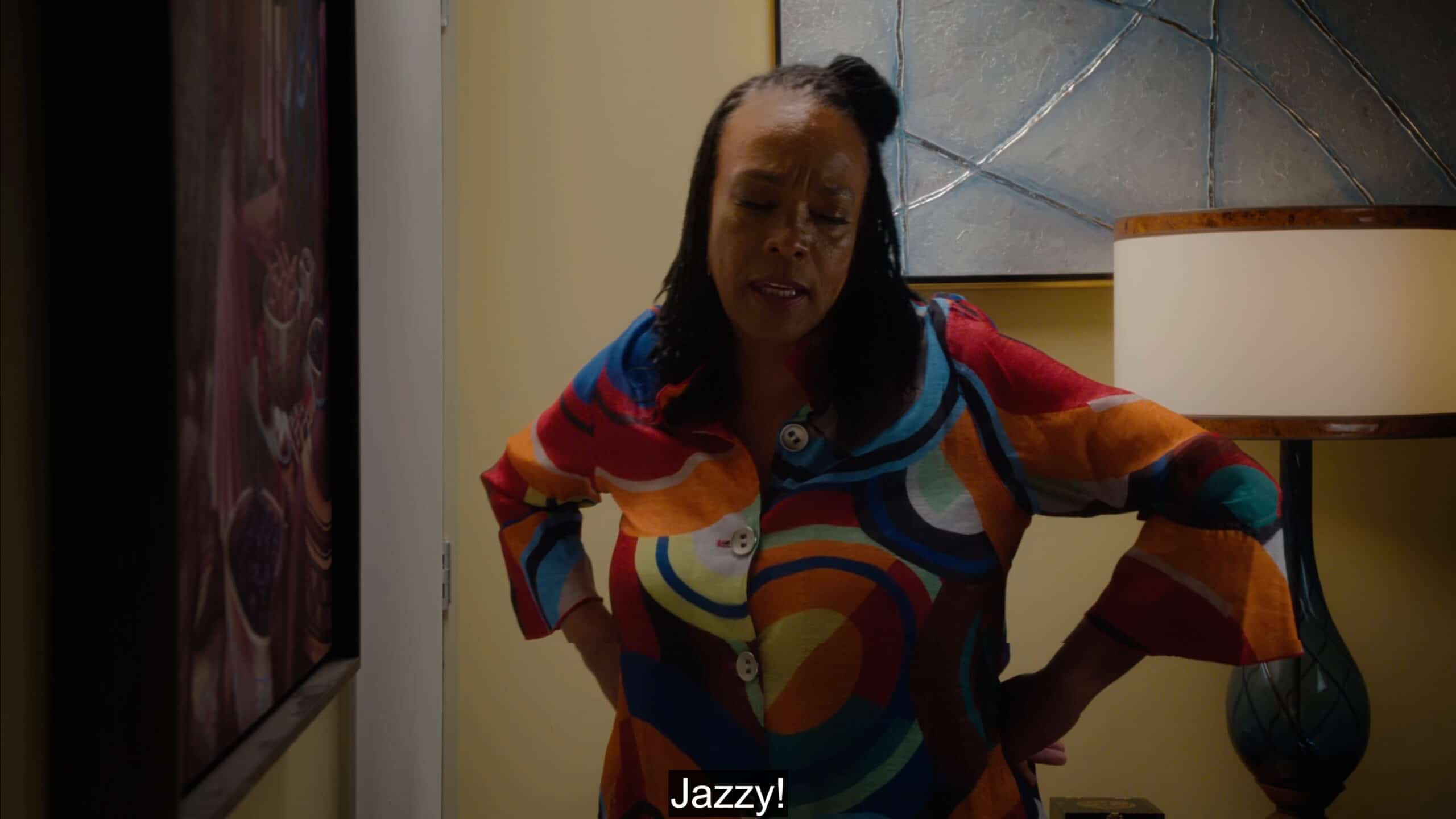 Louise (Avis-Marie Barnes) asking Jazzy how much longer she'll be in the bathroom