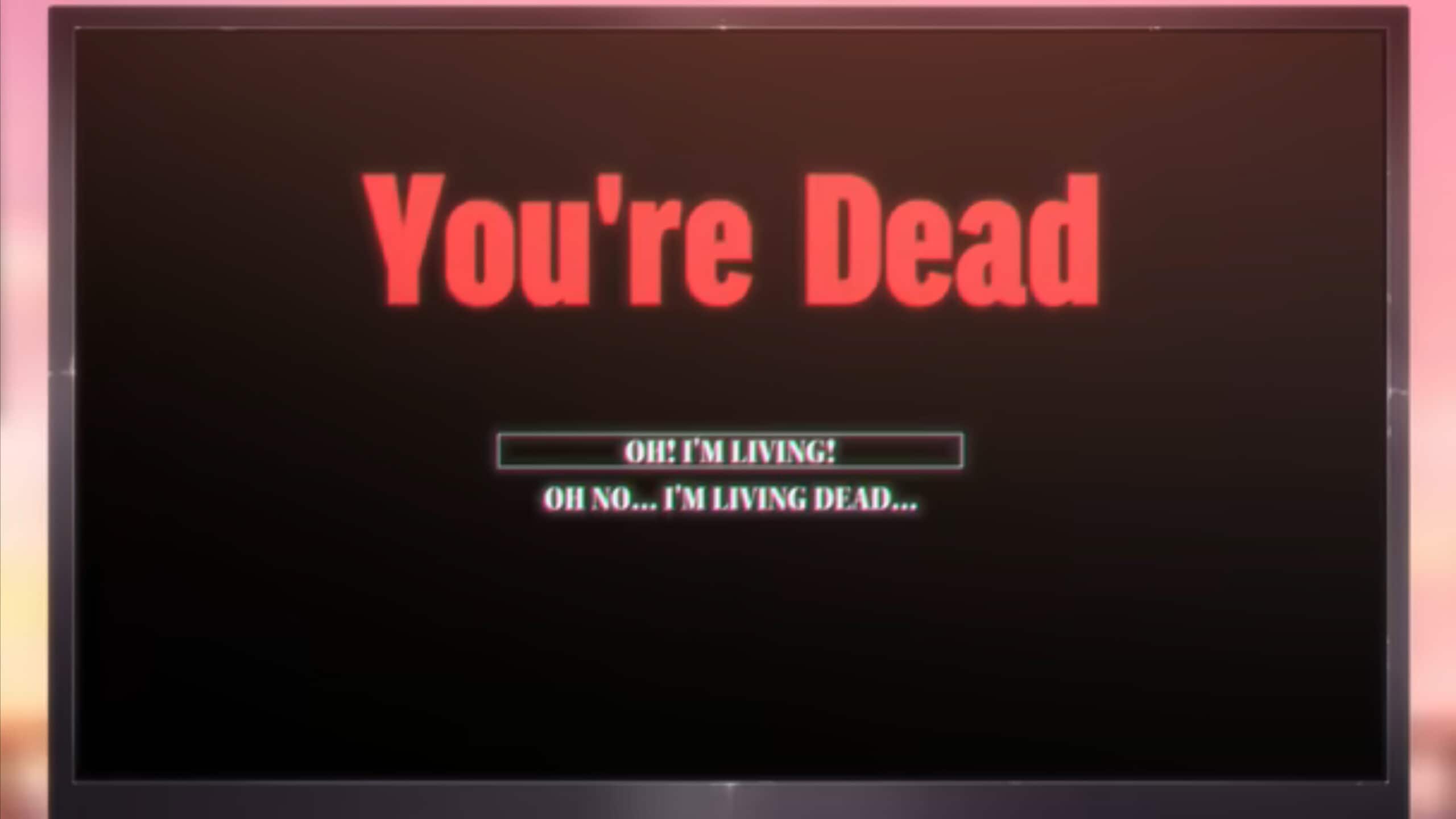 The video game screen of Akari's game, noting he died and asking if he is still alive or the living dead