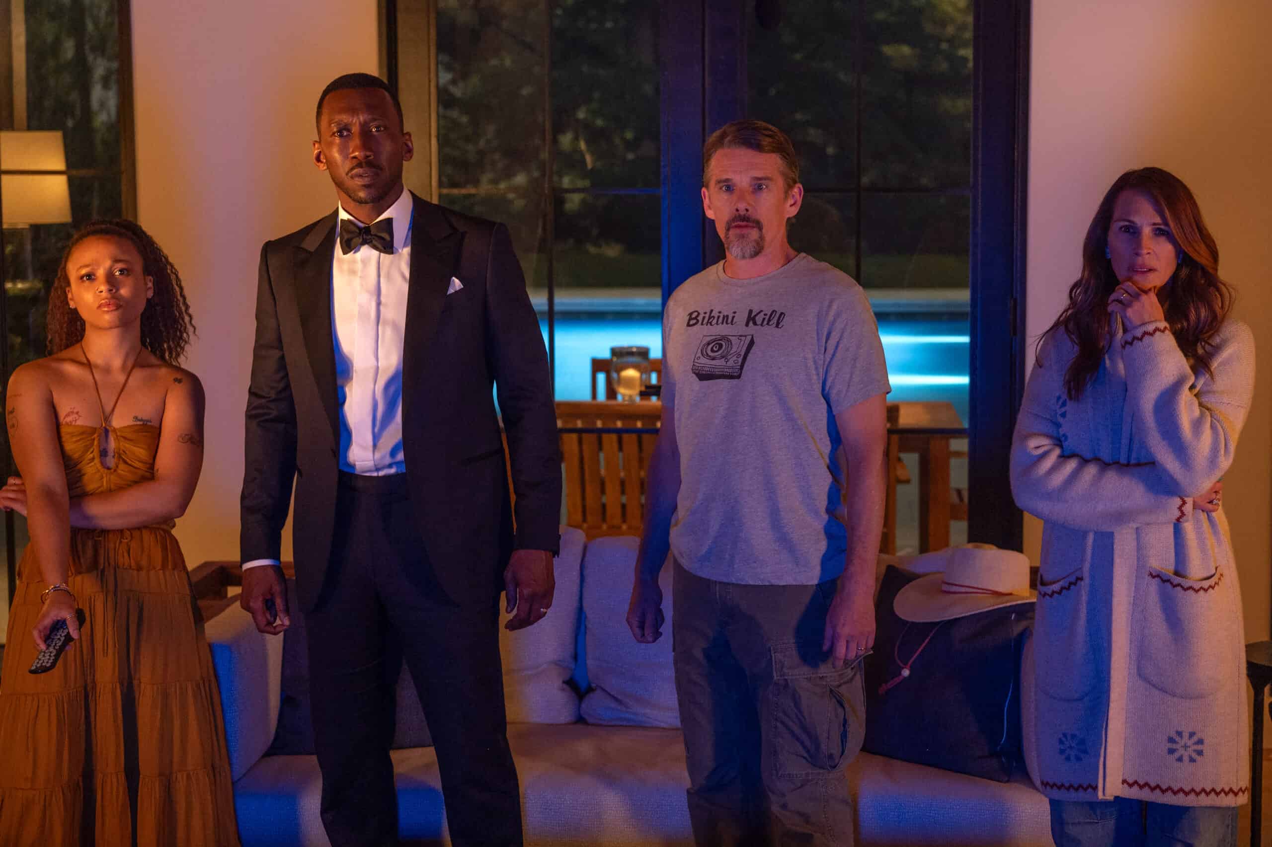 Myha'la as Ruth, Mahershala Ali as George, Ethan Hawke as Clay, and Julia Robertts as Amanda, Leave The World Behind, directed by Sam Esmail, 2023, (Netflix)