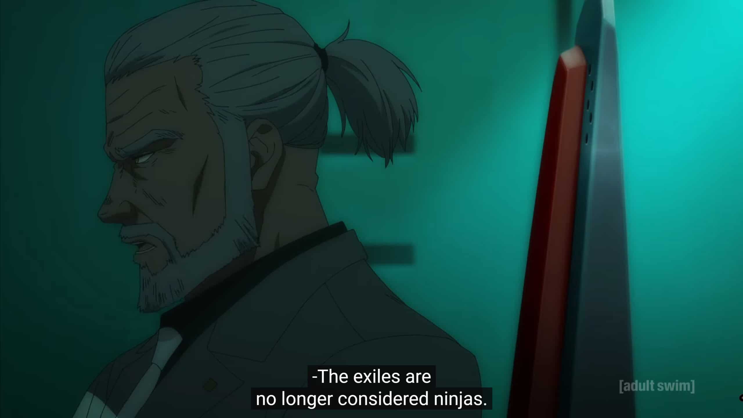 Master Yamaji (Luis Galindo) noting exiles are no longer ninjas and must be killed