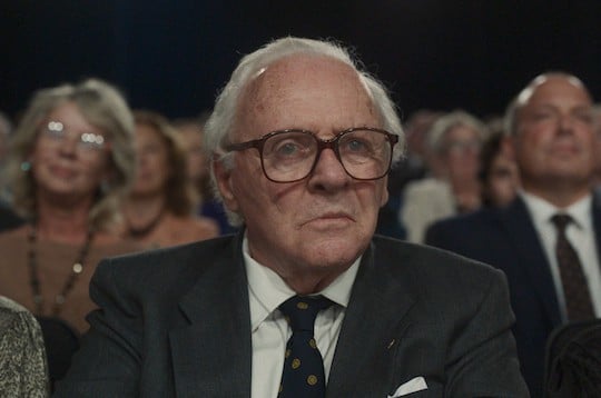 Nicholas Winton (Anthony Hopkins) sitting in the audience of a chat show that will soon surprise him
