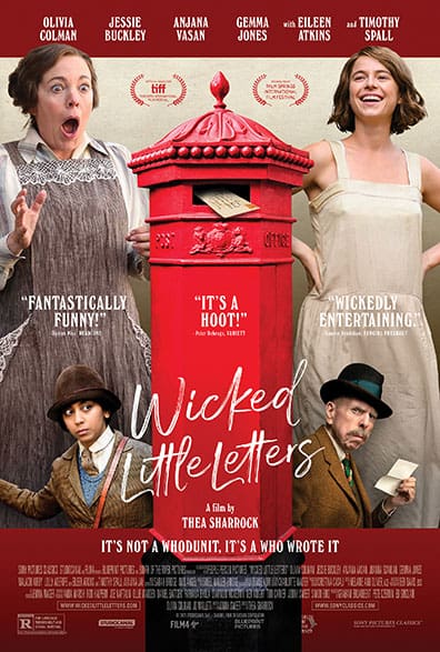 Olivia Colman as Edith, Jessie Buckley as Rose, Anjana Vasan as Officer Gladys Moss, and Timothy Spall as Edward in the movie poster for 'Wicked Little Letters,'