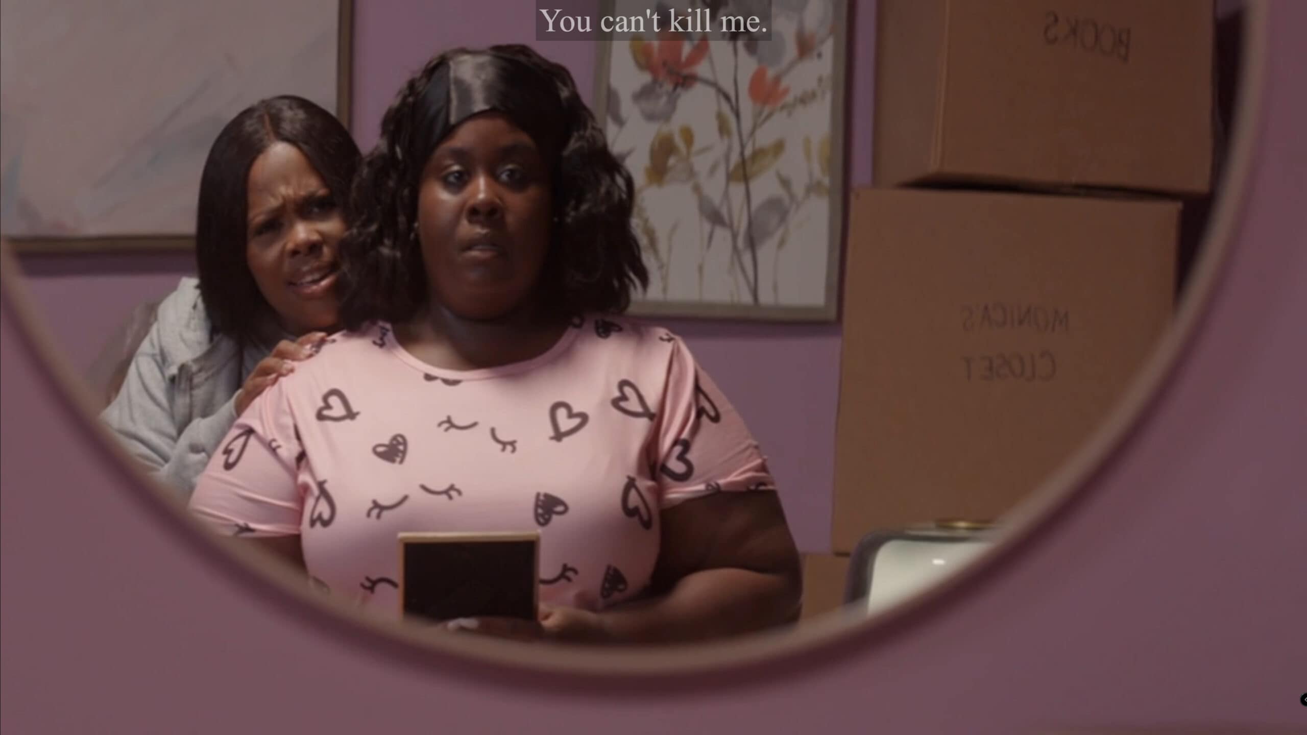 Monica (Raven Goodwin) seeing Simone (Amber Riley) in the mirror, haunting her
