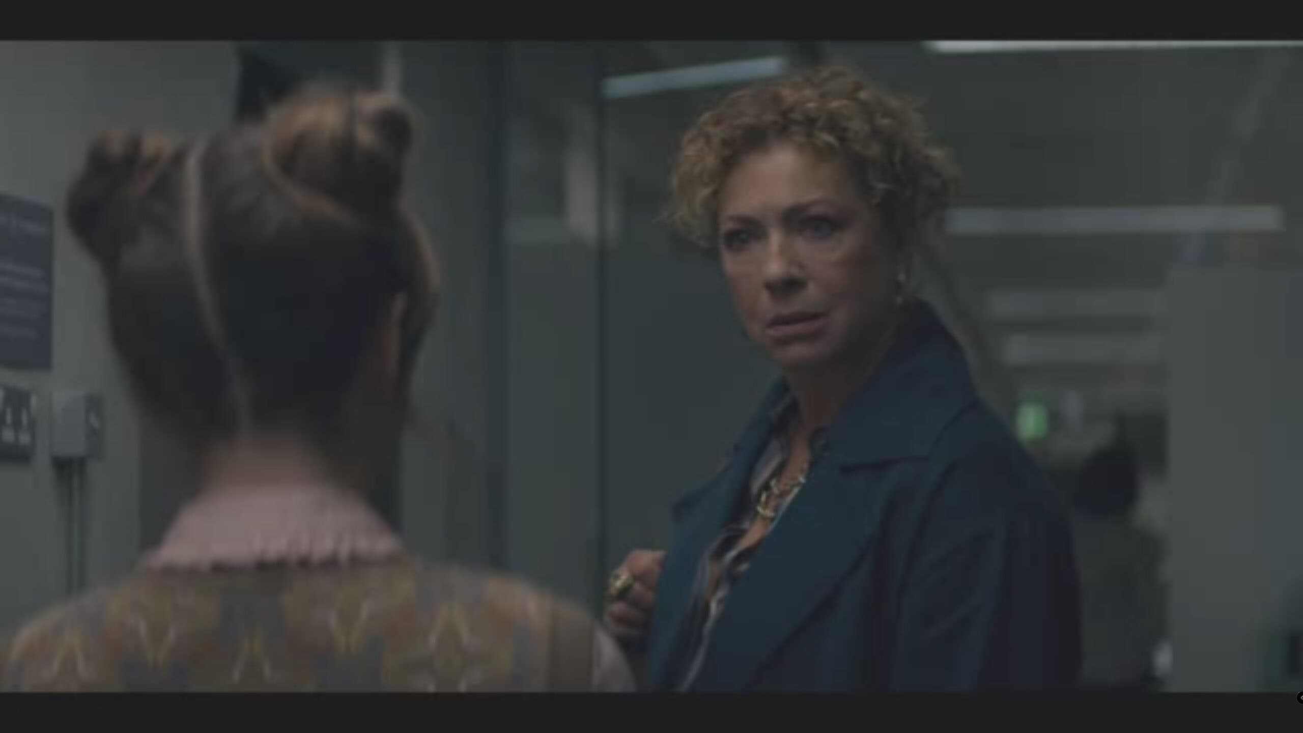 Alex Kingston as Sheila learning about her husband's scandal