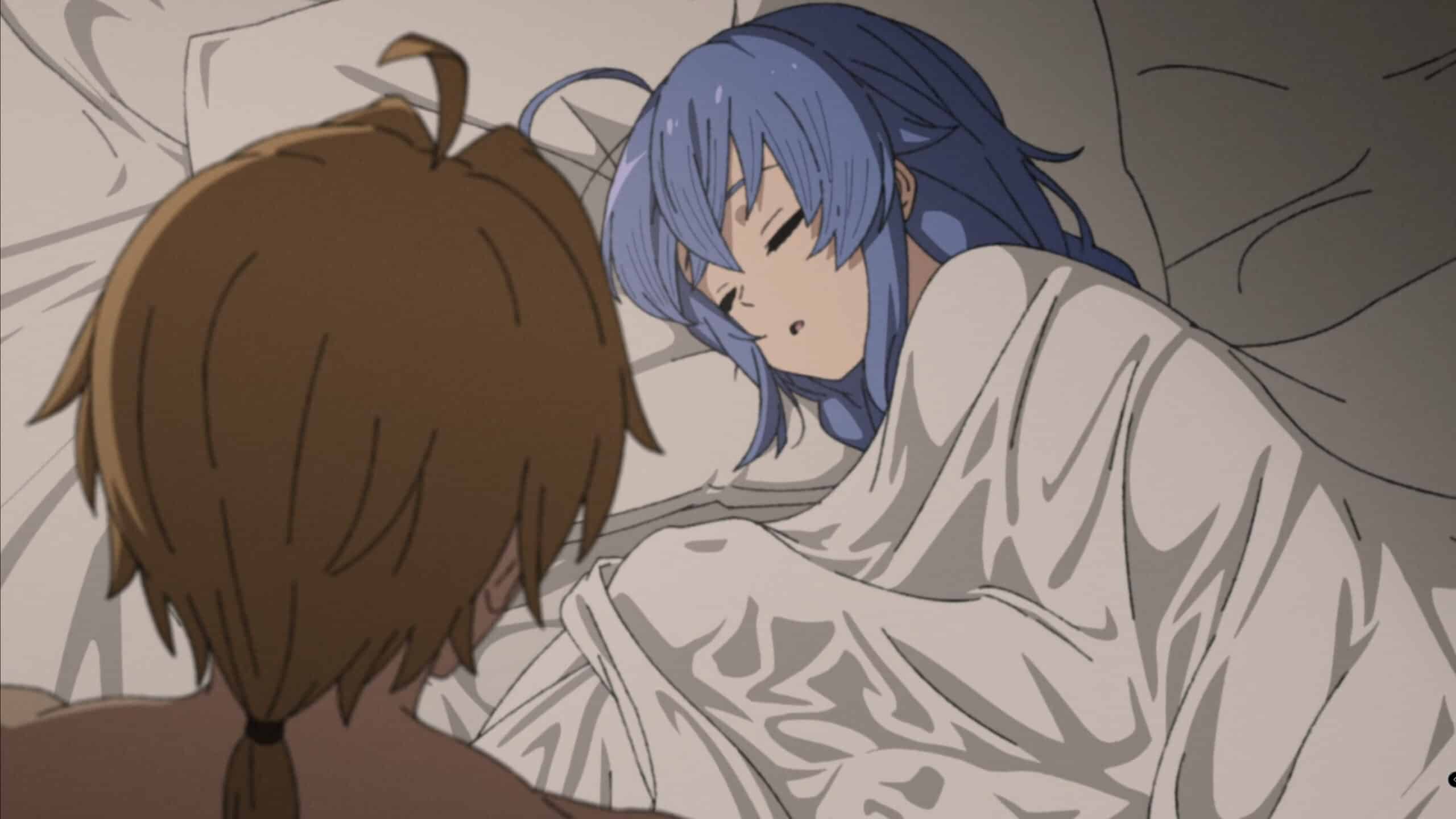 Roxy (Yoshimi Ohara) sleeping after Rudy put her to sleep, Mushoku Tensei Jobless Reincarnation Season 2 Episode 23, directed by Tsunegoro Oreki, 2024, (Crunchyroll)