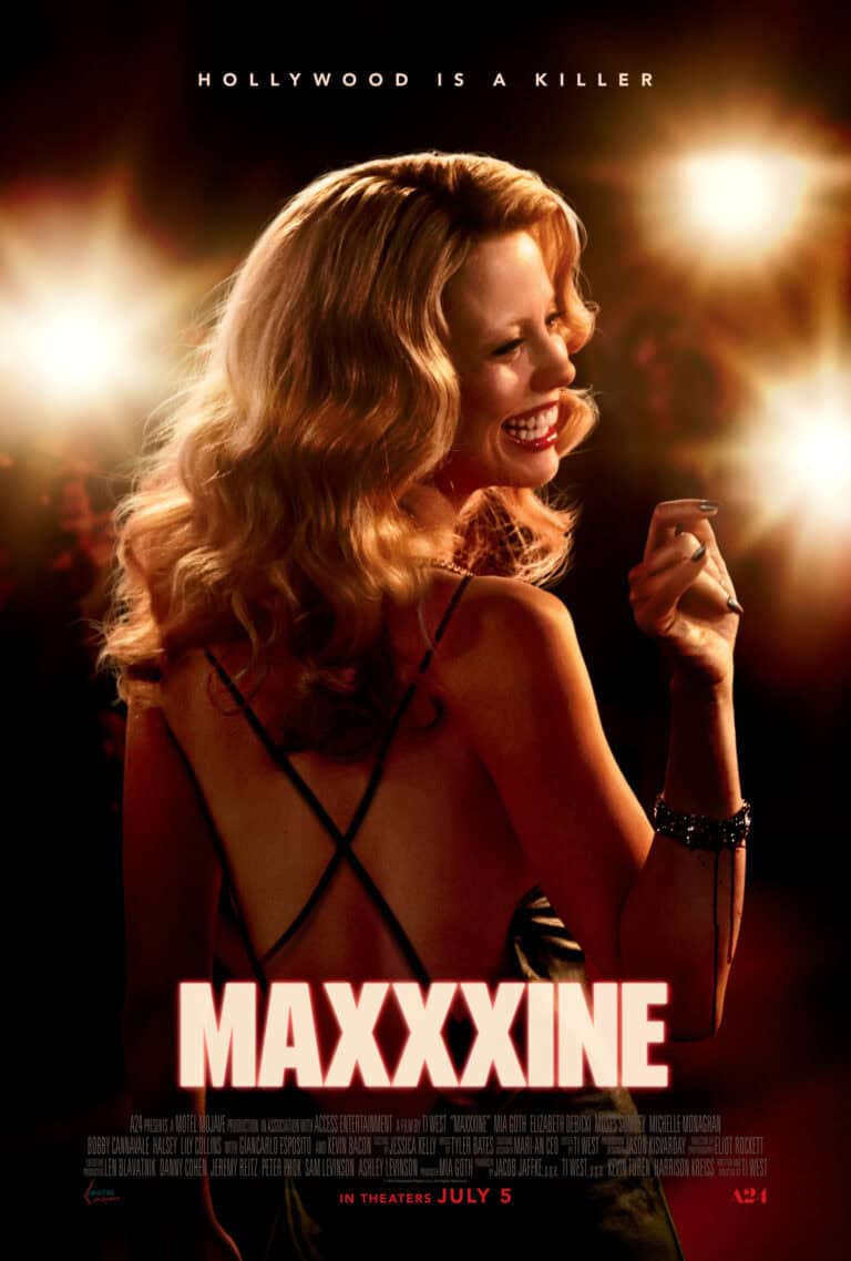 Movie Poster for "MaXXXine" featuring Mia Goth as Maxine at a movie premiere