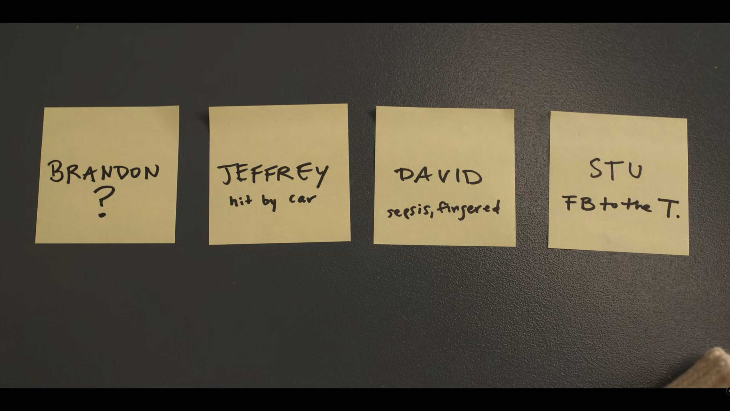 How four of Ruby's exes died, on post it notes.