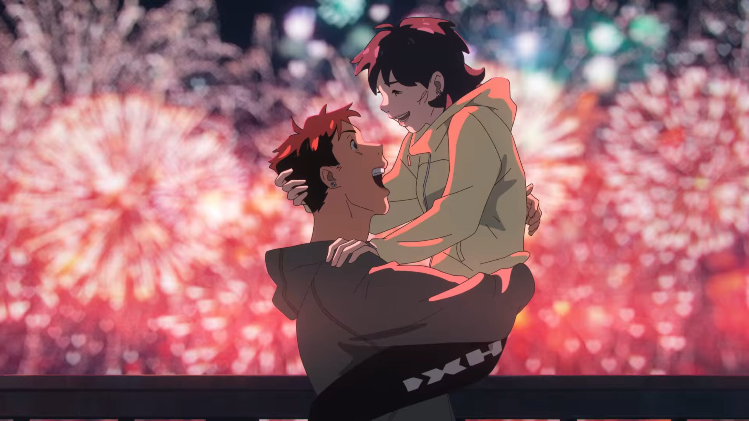 Jay (Hong Kyung) and Nan-Young (Kim Tae-ri) embracing each other with fireworks in the background, both smiling, in Lost In Starlight