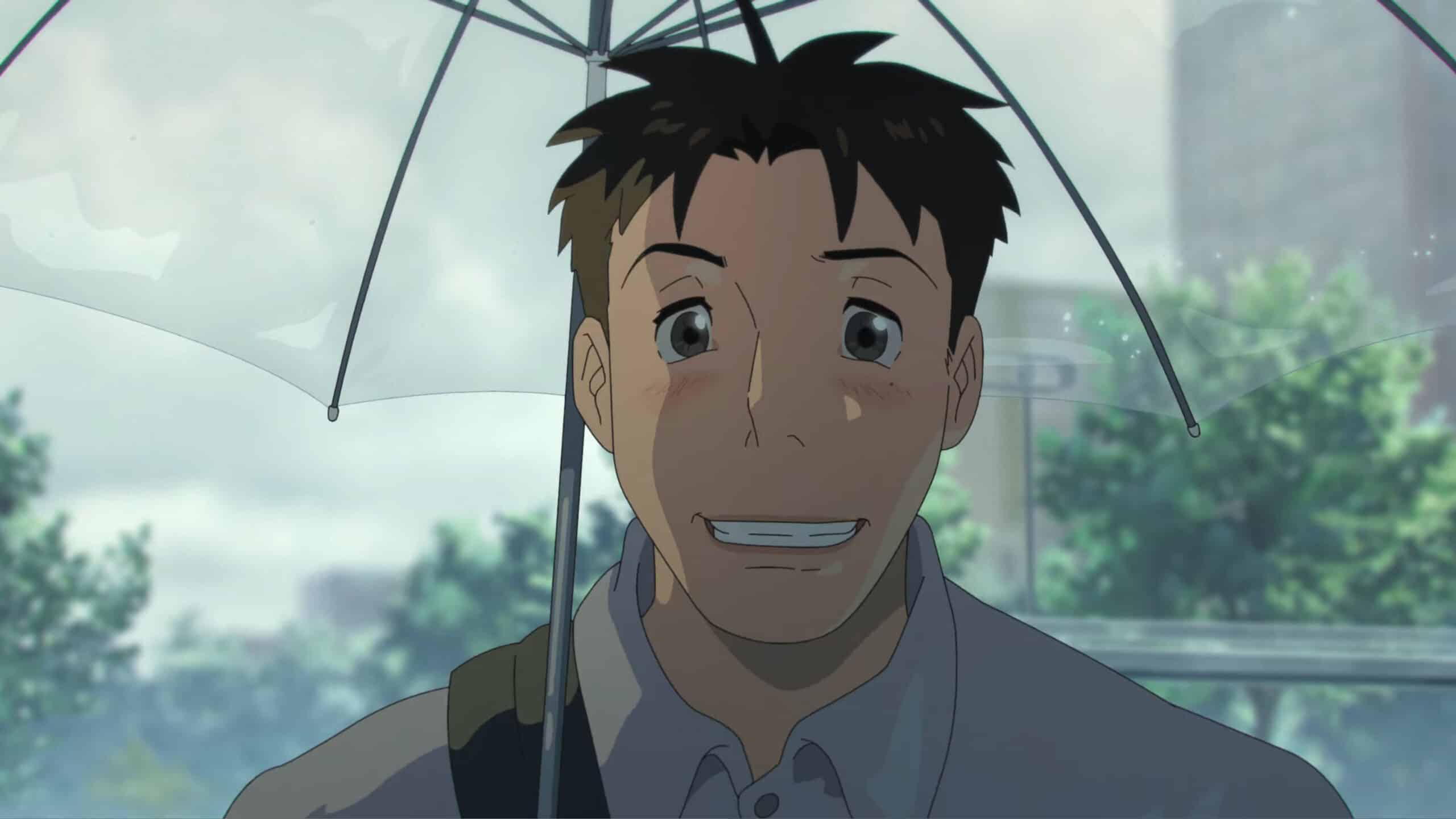 Jay (Hong Kyung) smiling at Nan-young, with an umbrella, panting, in Lost In Starlight