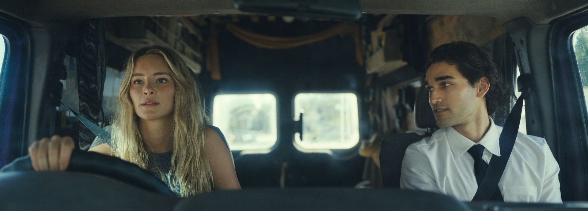Zephyr (Hassie Harrison) and Moses (Josh Heuston) driving to Moses' car in Dangerous Animals | Zephyr Hassie Harrison and Moses Josh Heuston – Dangerous Animals 2 Zephyr (Hassie Harrison) and Moses (Josh Heuston) driving to Moses' car in Dangerous Animals