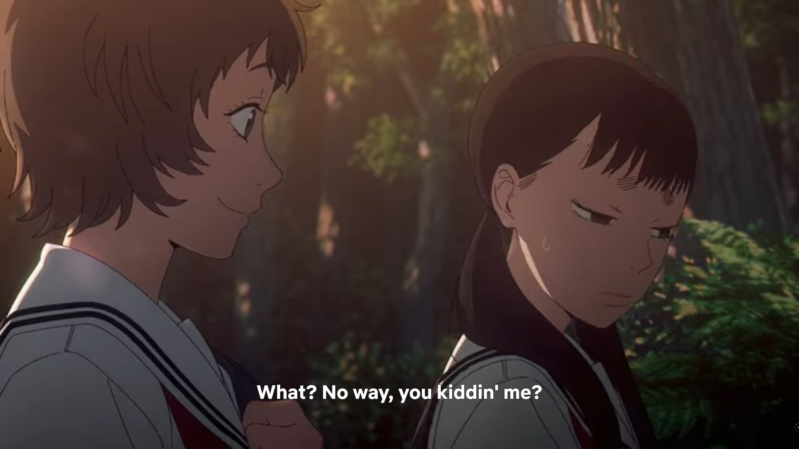 Asako and Yuki (Wakayama Shion) during the forest adventure - The Summer Hikaru Died