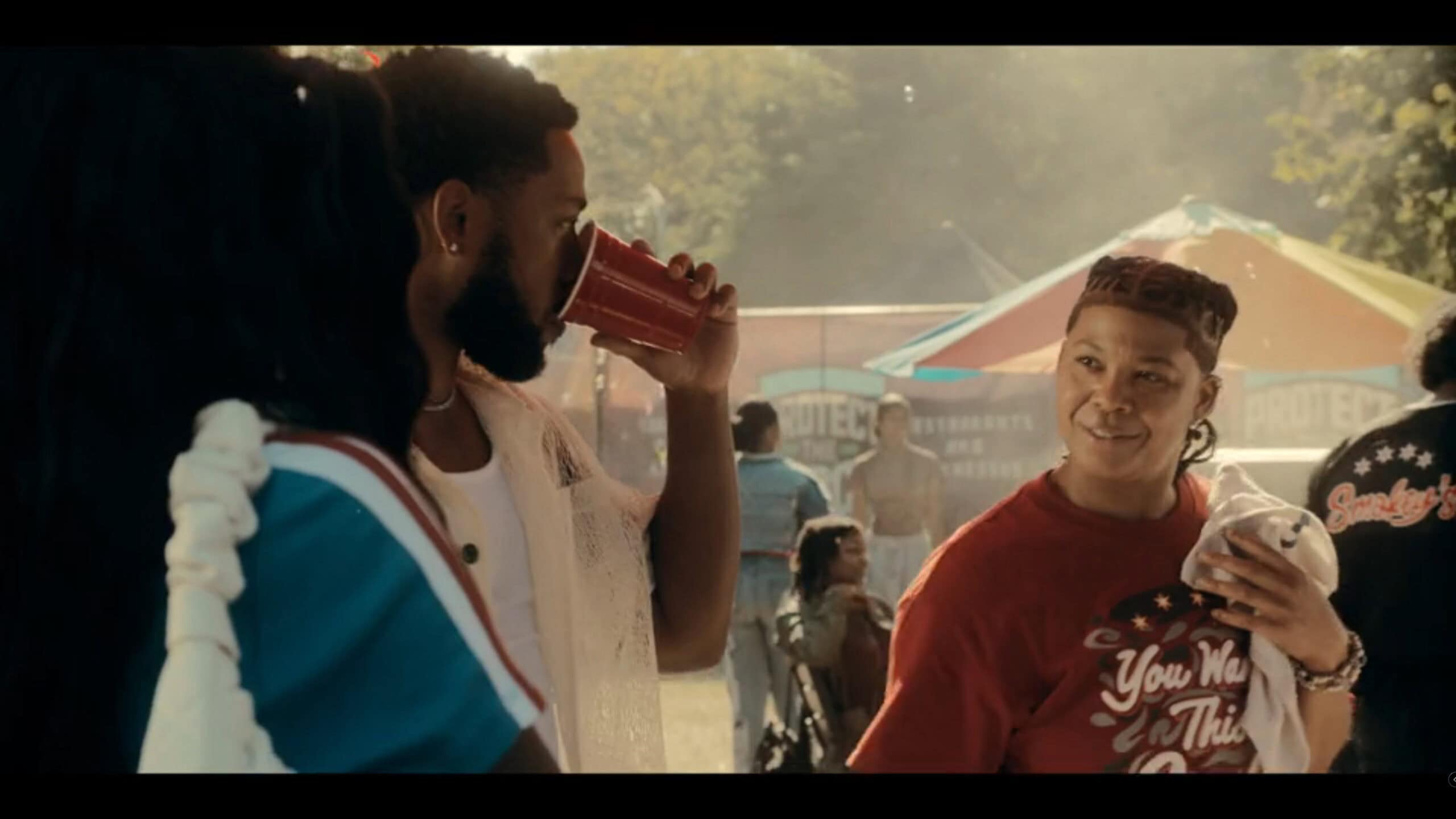 Kiesha, Emmett and Shawnita, as Shawnita messes with Emmett - The Chi Season 7 Episode 10