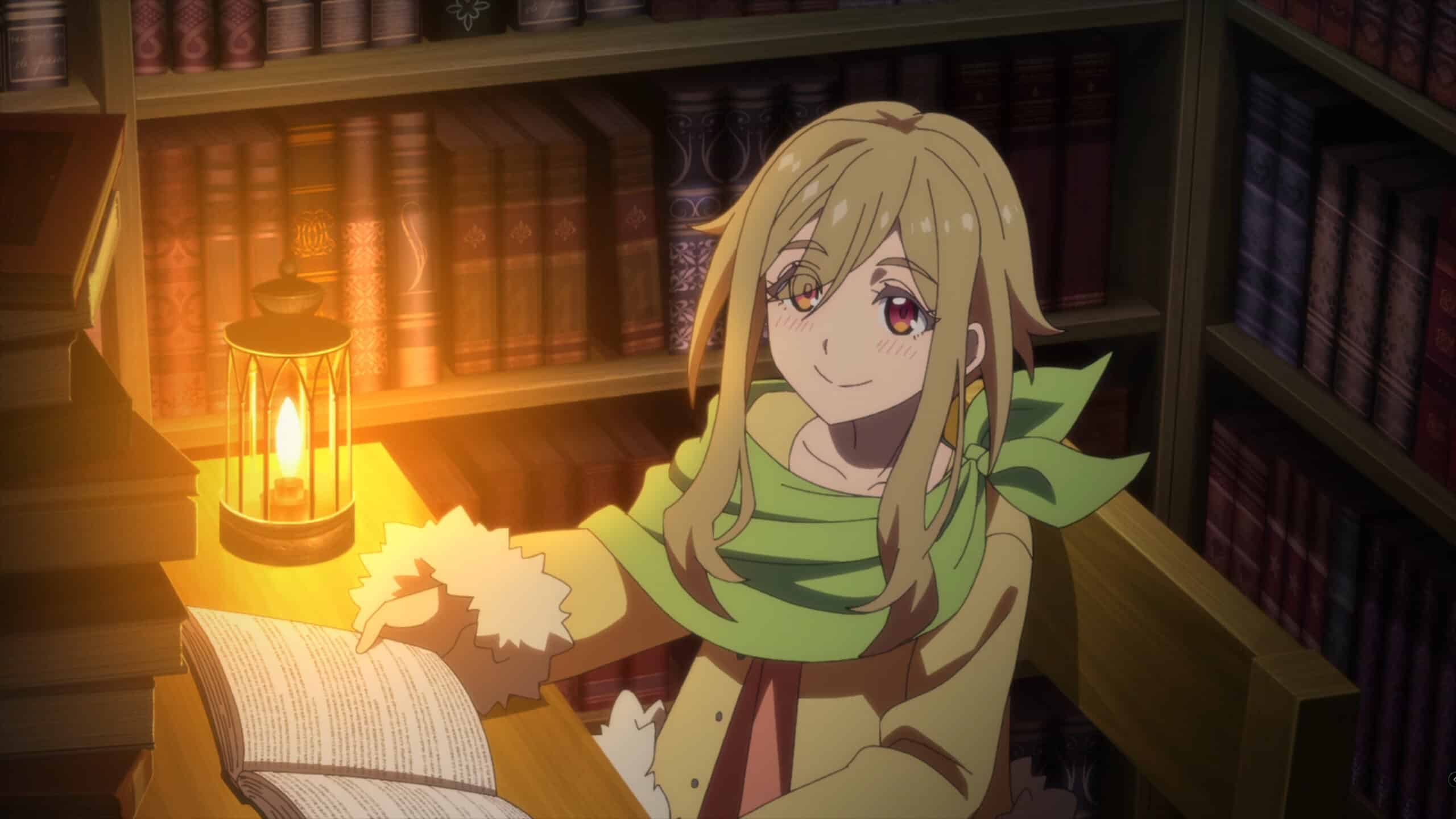 Seraia (Kanemoto Hisako) in her private, basement library, pausing to talk to her son Kyle - New Saga Season 1 Episode 1