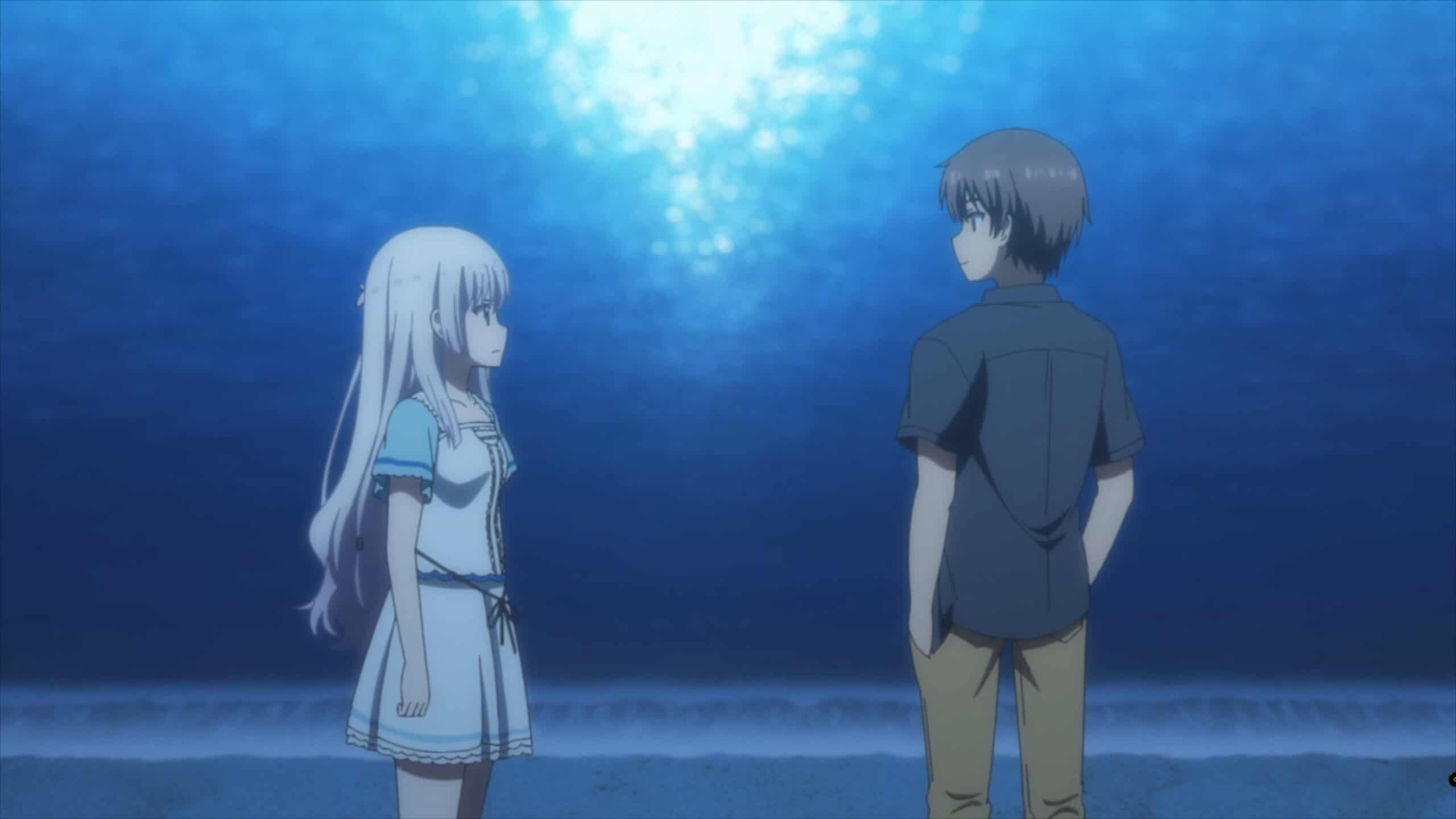 Shiroha and Takahara looking at each other at night - Summer Pockets
