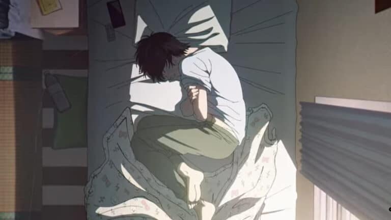 Yoshiki (Chiaki Kobayashi) curled up in his bed - The Summer Hikaru Died Season 1 Episode 1