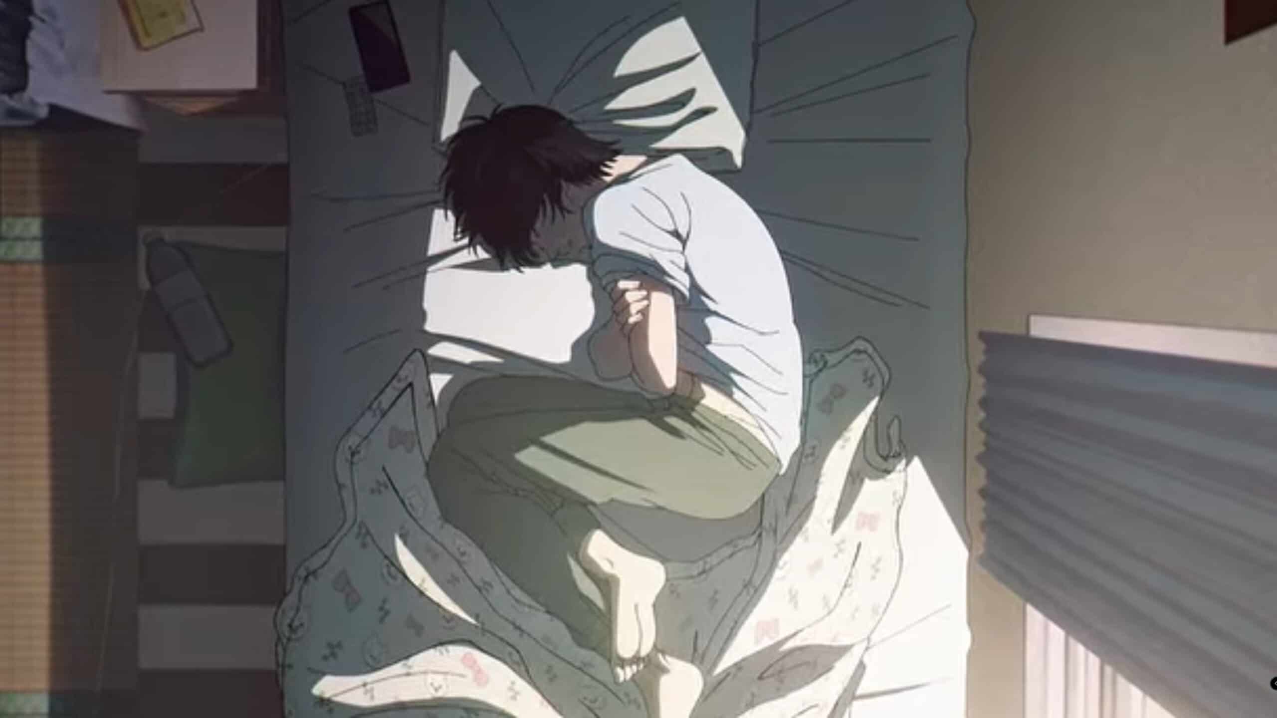 Yoshiki (Chiaki Kobayashi) curled up in his bed - The Summer Hikaru Died Season 1 Episode 1