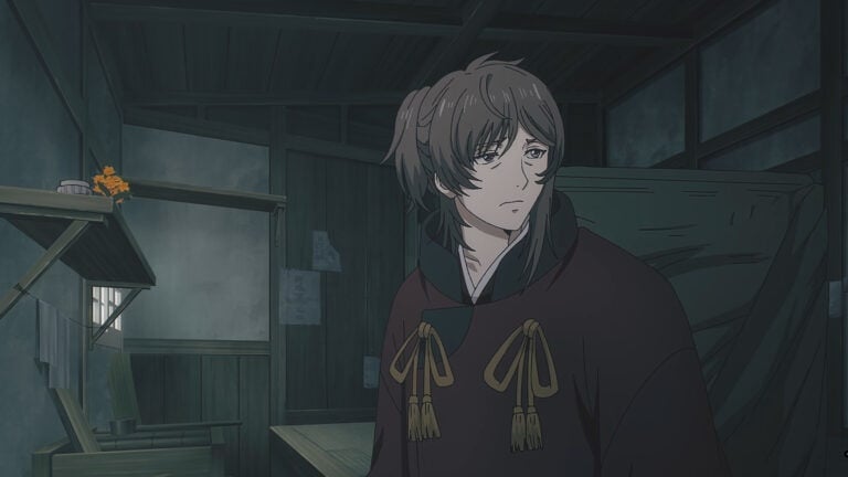 Akitsu looking at Jinya's home - Sword Of The Demon Hunter Season 1 Episode 18